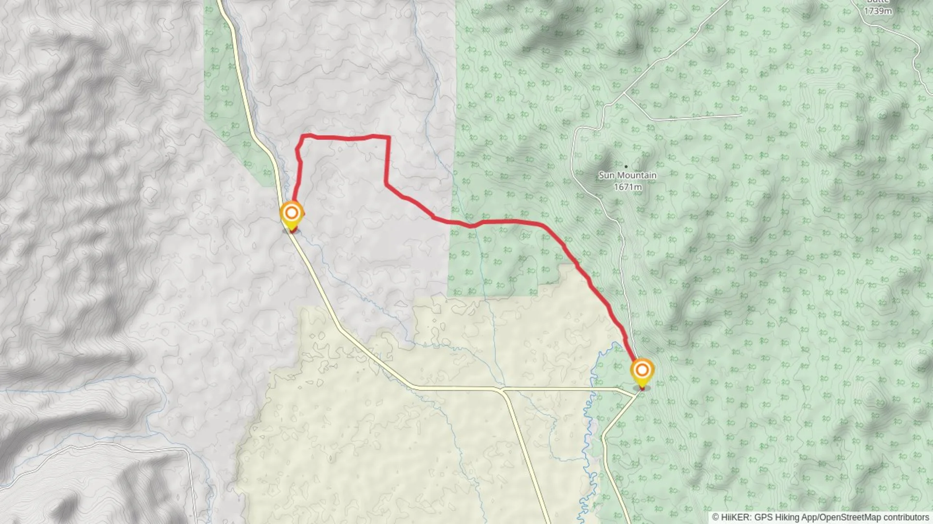 An image depicting the trail Sun Mountain Road to Crater Lake Highway and its surrounding area.