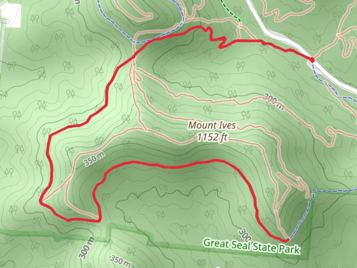 An image depicting the trail Mount Ives via Bunker Hill and its surrounding area.