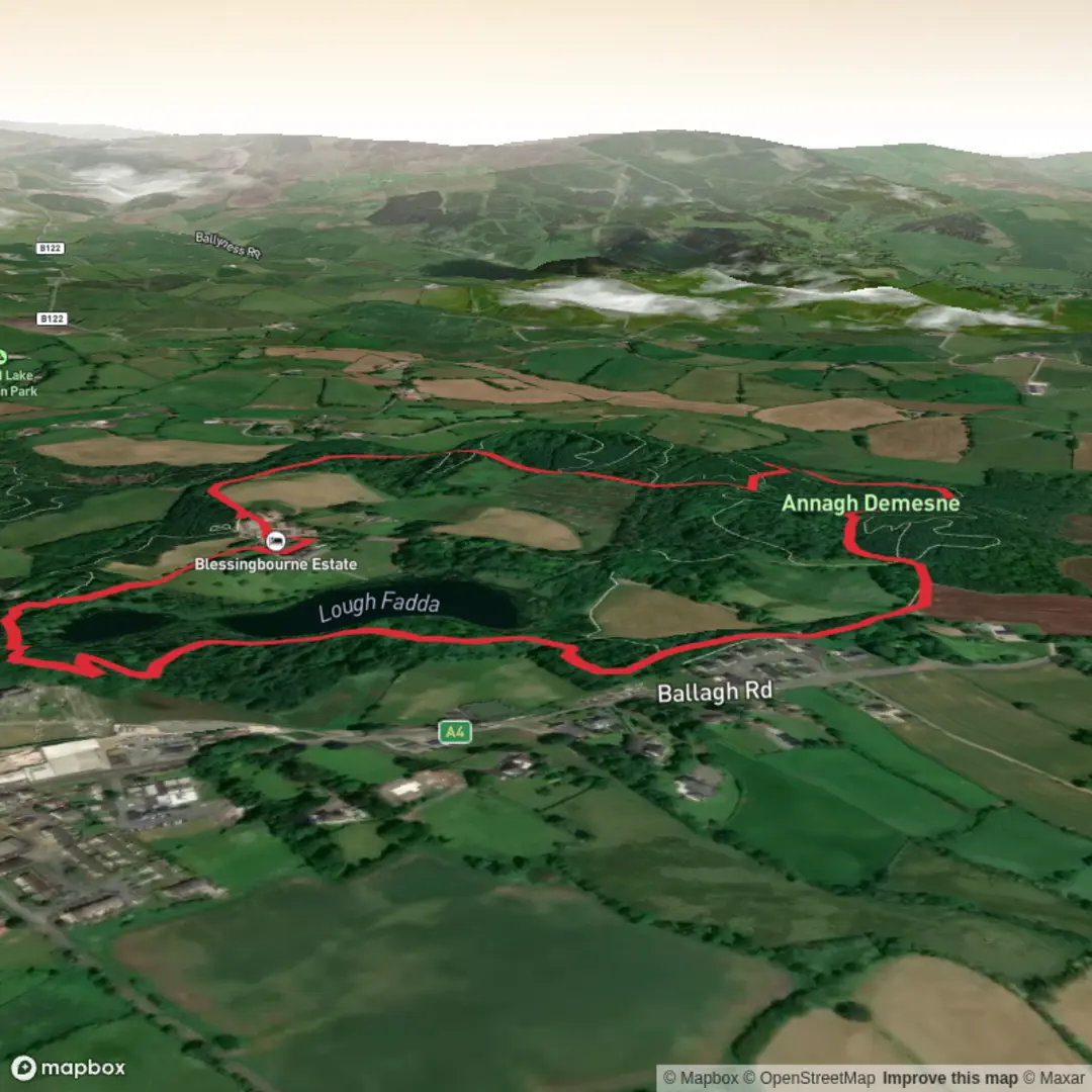 An image depicting the trail Blessingbourne Woodland Walk and its surrounding area.