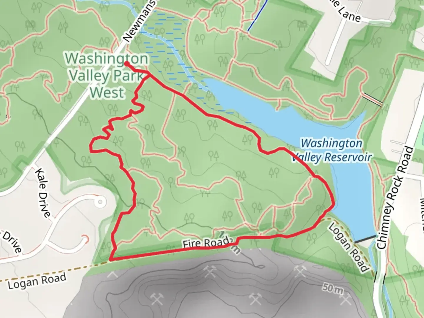 An image depicting the trail Washington Valley Reservoir and its surrounding area.