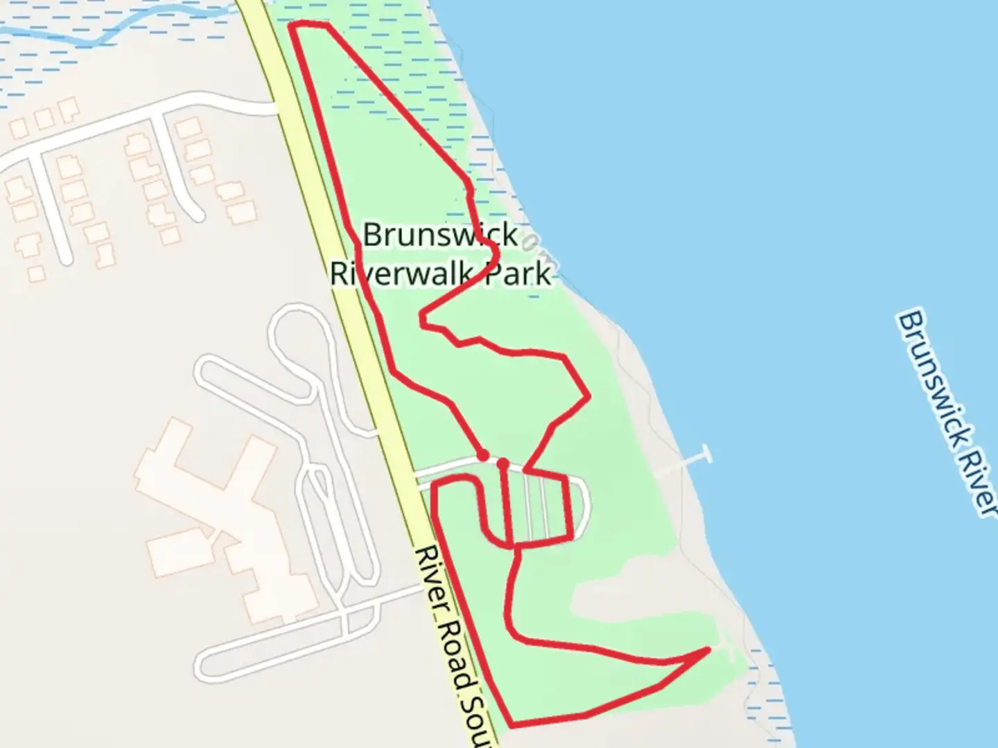 An image depicting the trail Brunswick Riverwalk Park Loop and its surrounding area.