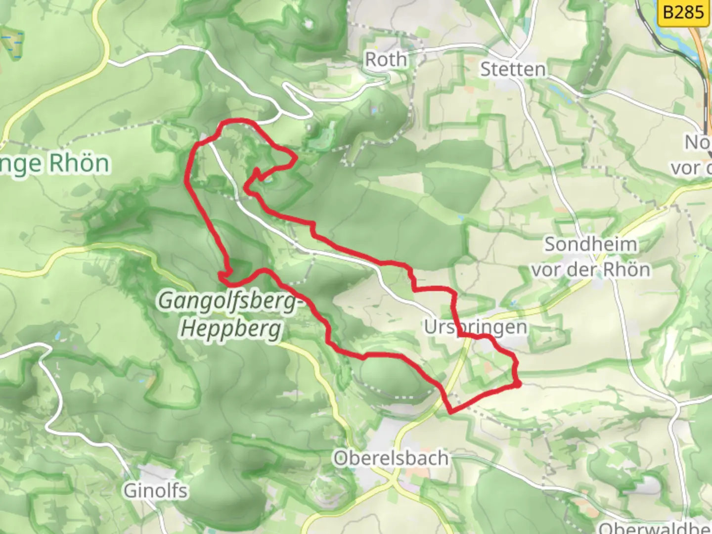 An image depicting the trail Urspringen and Gangolfsberg Loop and its surrounding area.