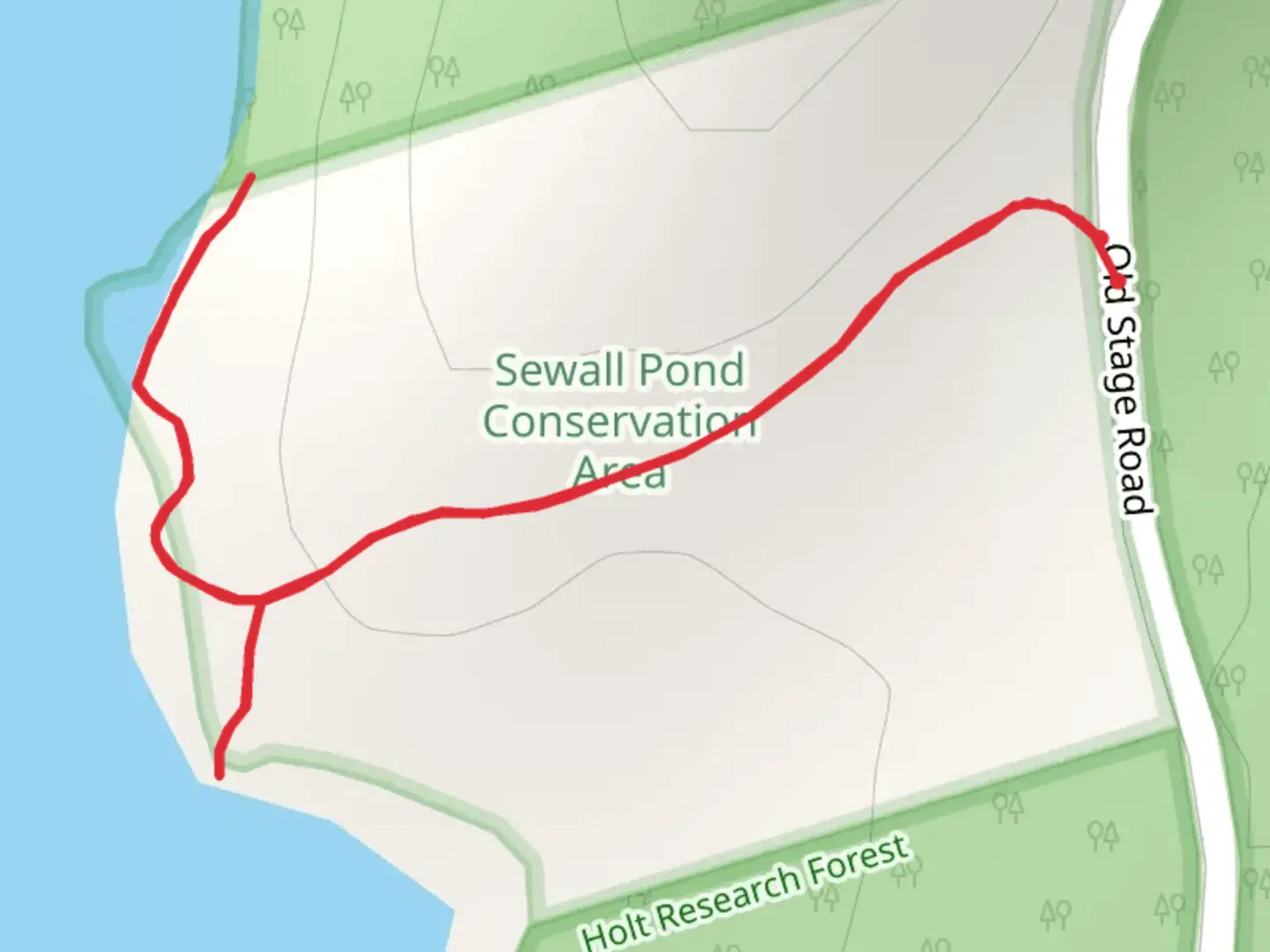 An image depicting the trail Sewell Pond from Old Stage Road and its surrounding area.