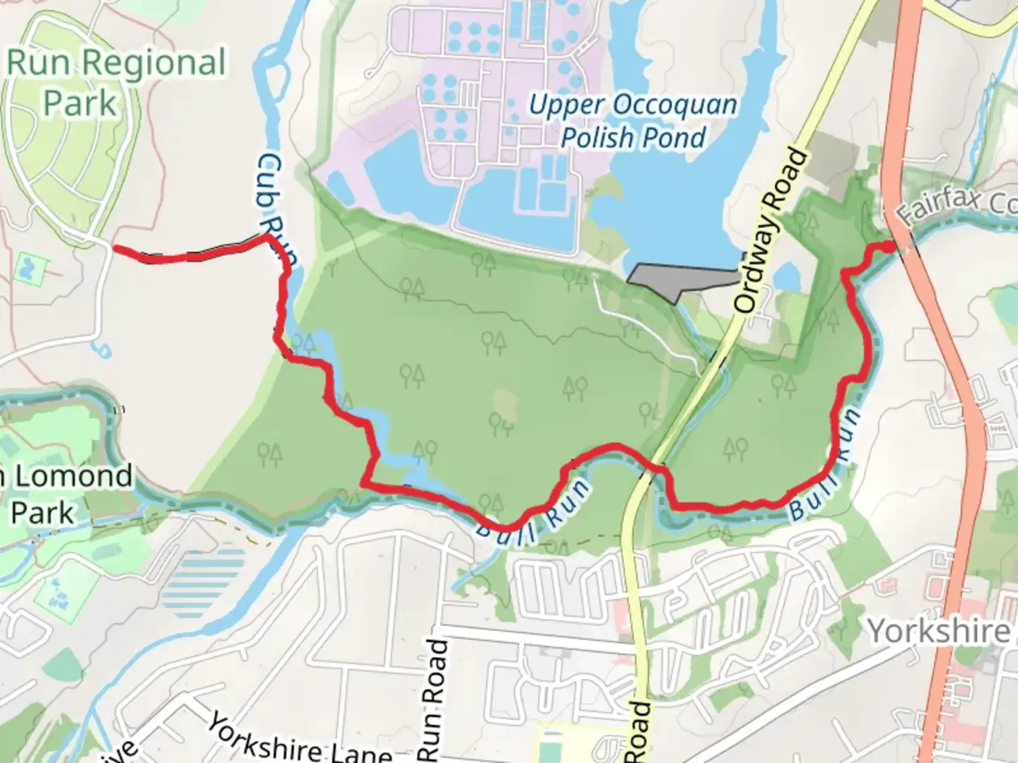 An image depicting the trail Bull Run-Occoquan Trail from Centreville Road and its surrounding area.