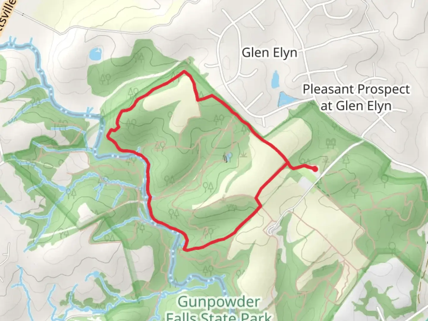 An image depicting the trail Little Gunpowder Trail - White, Red Dot and Boundary Trail - Blue Loop and its surrounding area.