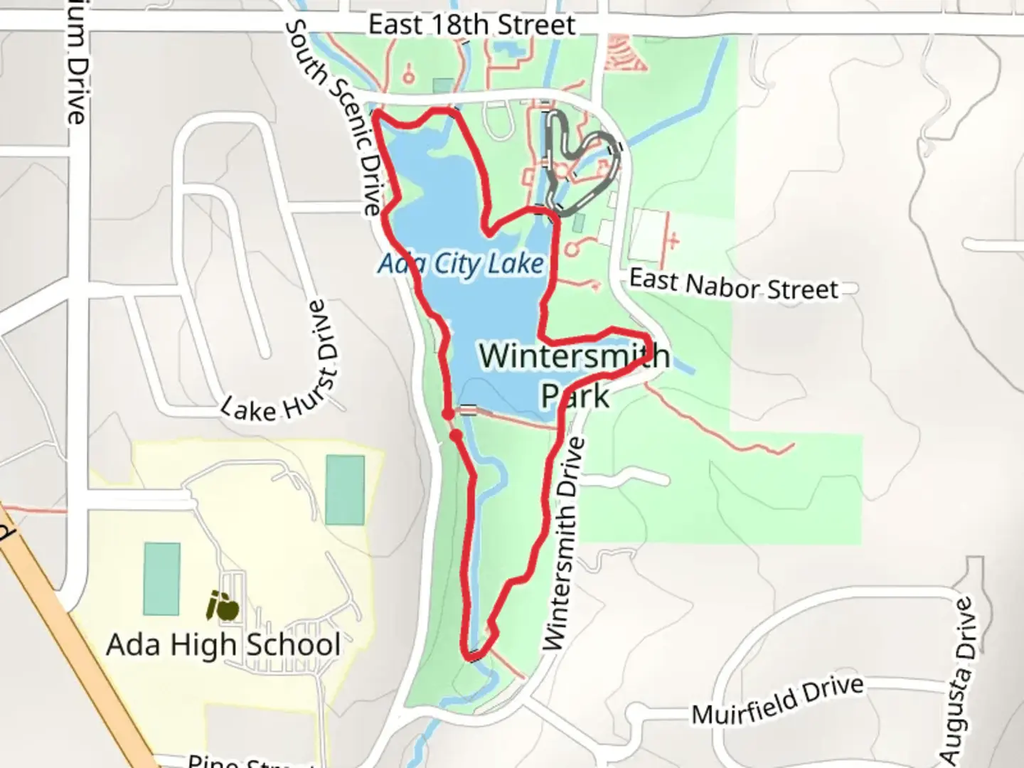 An image depicting the trail Ada City Lake and Wintersmith Park Loop and its surrounding area.