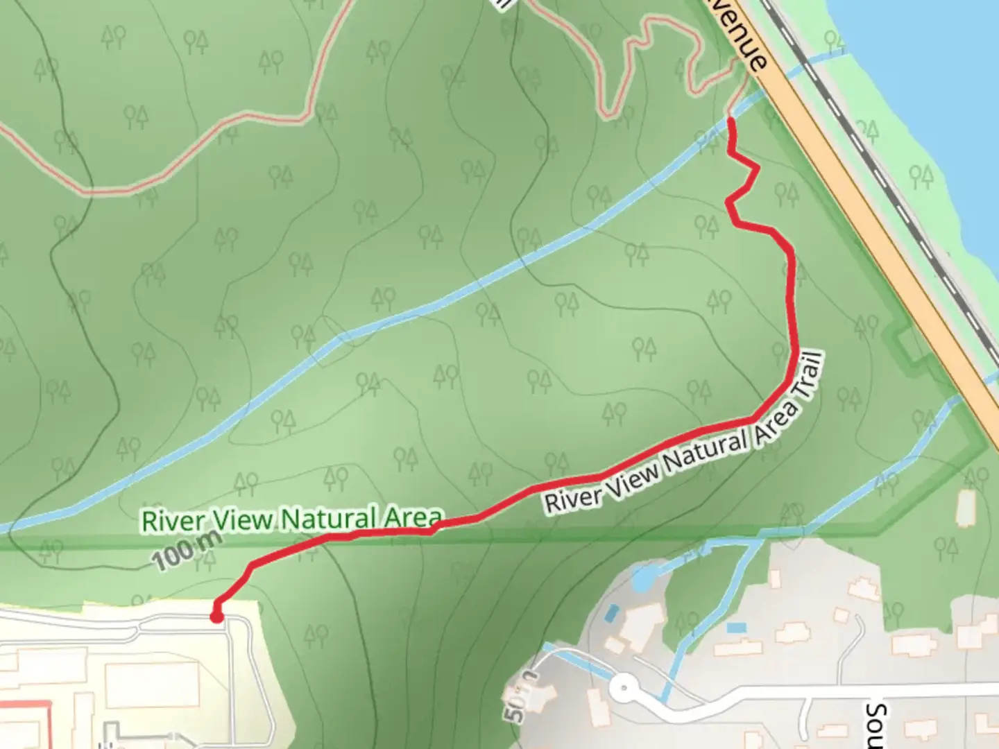 An image depicting the trail River View Natural Area Trail and its surrounding area.
