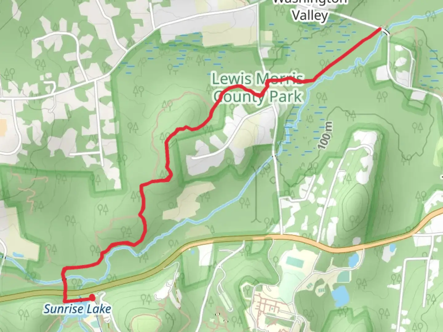 An image depicting the trail Patriots' Path - White to Washington Valley Road and its surrounding area.