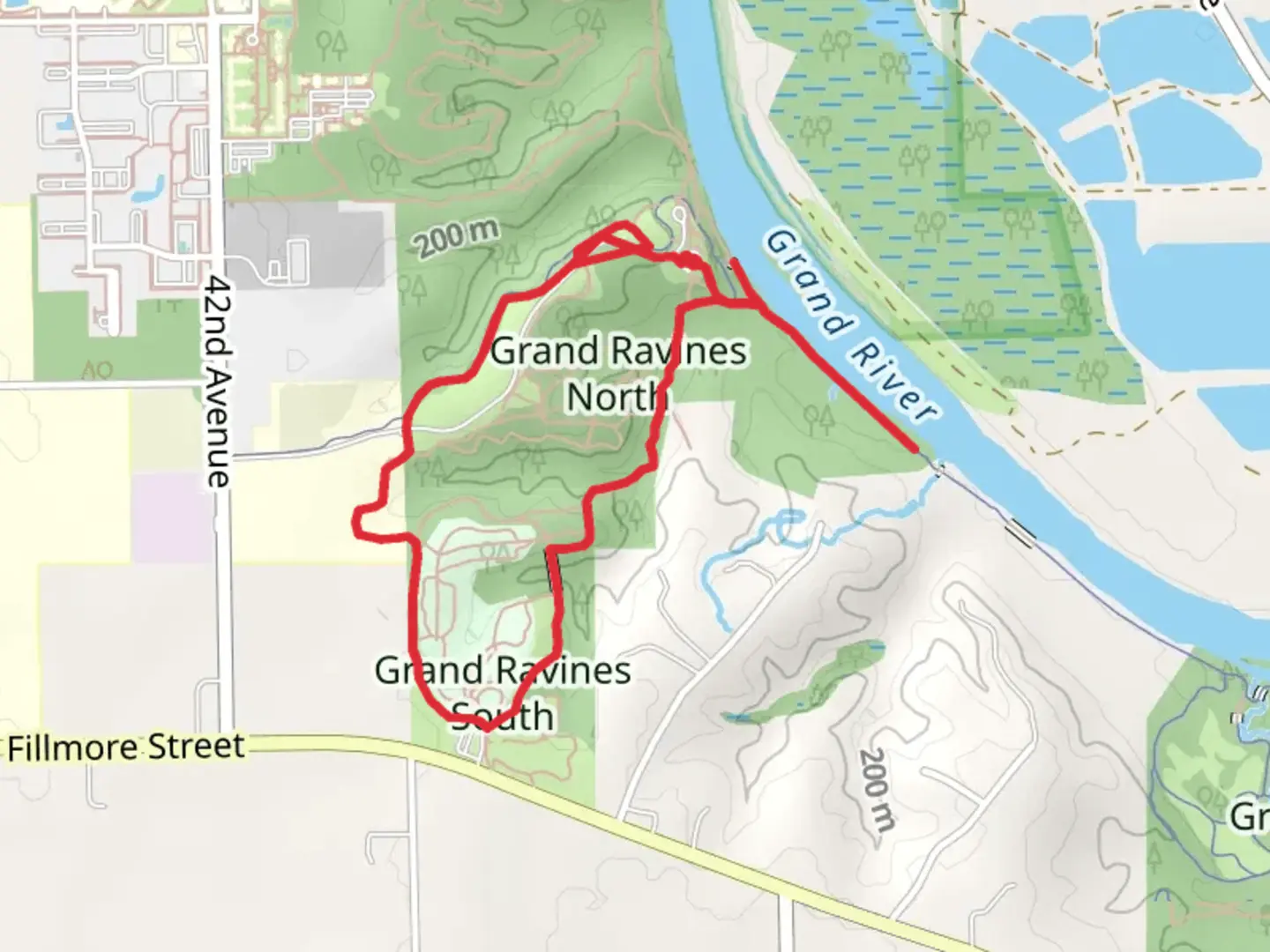 An image depicting the trail Grand Ravines South and Ravine Park Trails Loop and its surrounding area.