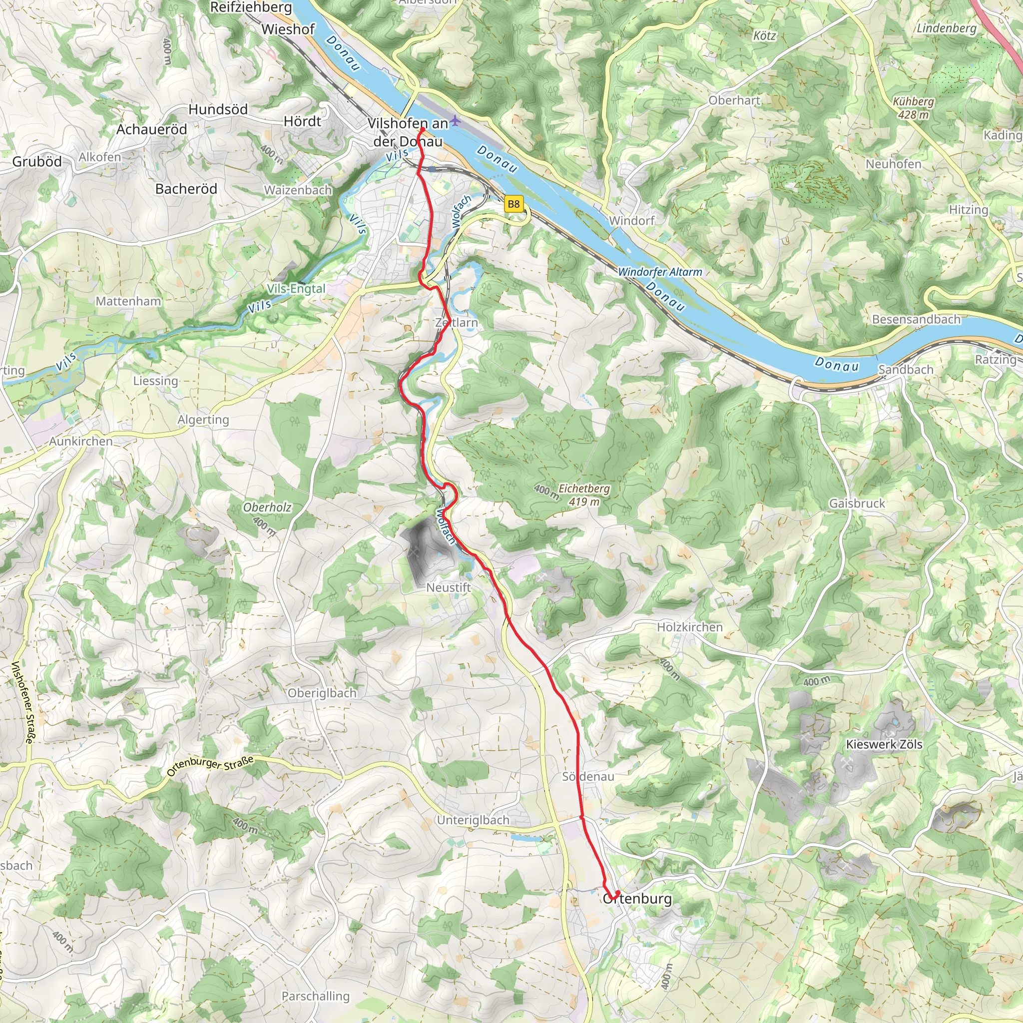 Vilshofen sn der Donau to Ortenburg via Wolfach mobile static map