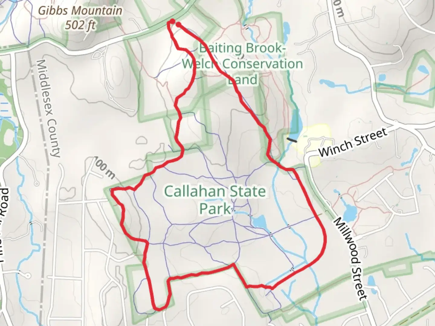 An image depicting the trail Eagle Pond and Baiting Brook Loop and its surrounding area.