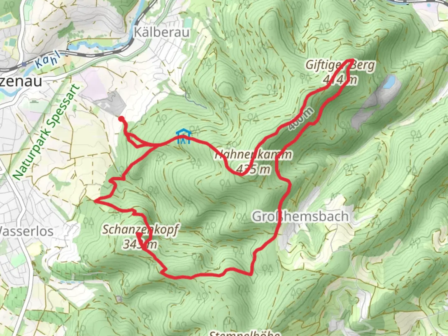 An image depicting the trail Schanzenkopf and Hannenkamm via Freigerichter Bund Alzenau and Kulturweg Alzenau 2 and its surrounding area.