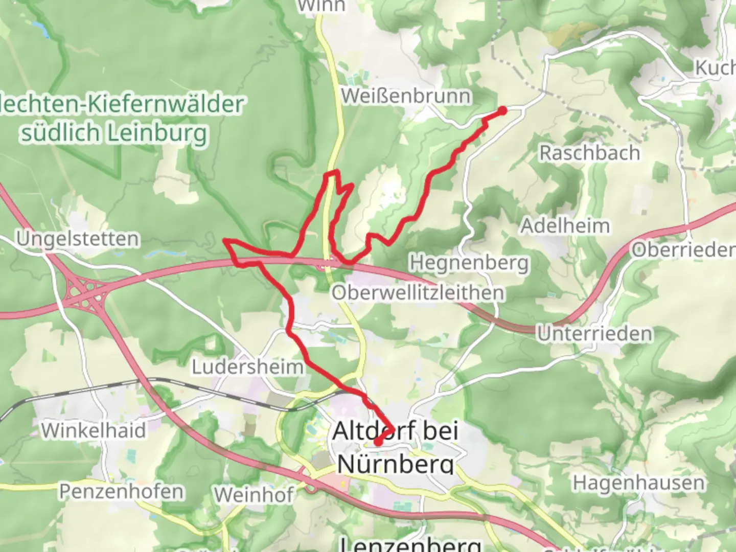 An image depicting the trail Altdorf bei Nürnberg to Weissenbrunn via Fraenkischer Duenerweg and its surrounding area.