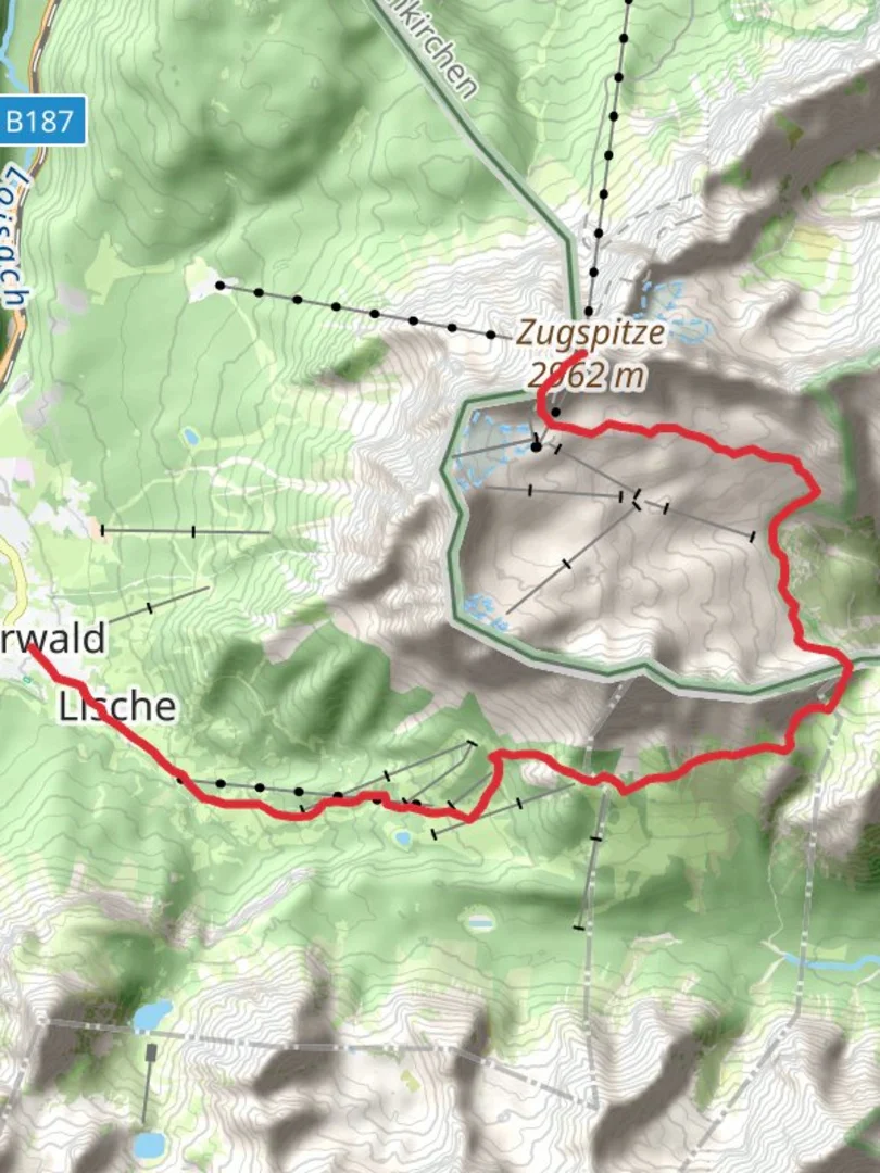 An image depicting the trail Zugspitze Hike from Ehrwald and its surrounding area.