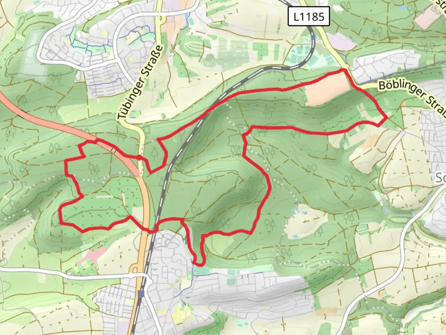 An image depicting the trail Bebelsbergstraße and Bismarckeiche Loop - Boblingen and its surrounding area.