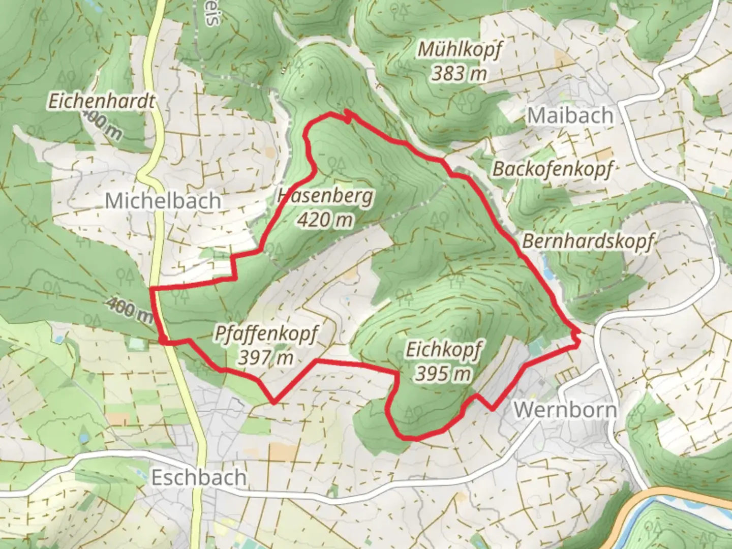 An image depicting the trail Hasenberg and Michelbach and its surrounding area.