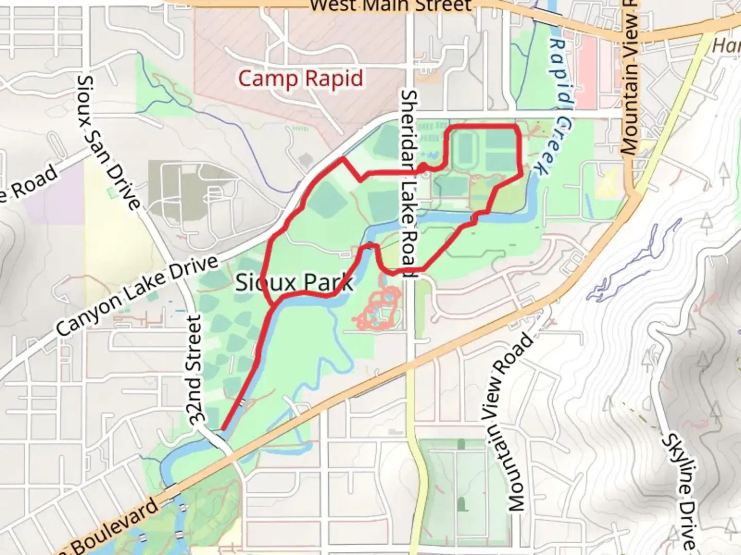 An image depicting the trail McKeagua Field and Rapid City Path Loop and its surrounding area.