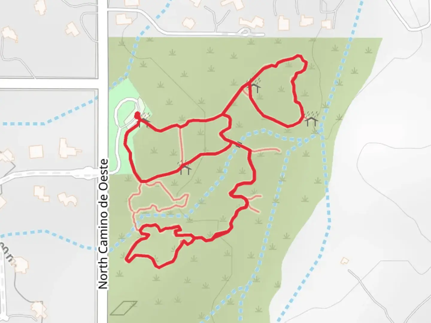 An image depicting the trail Feliz Paseos Park Loop and its surrounding area.
