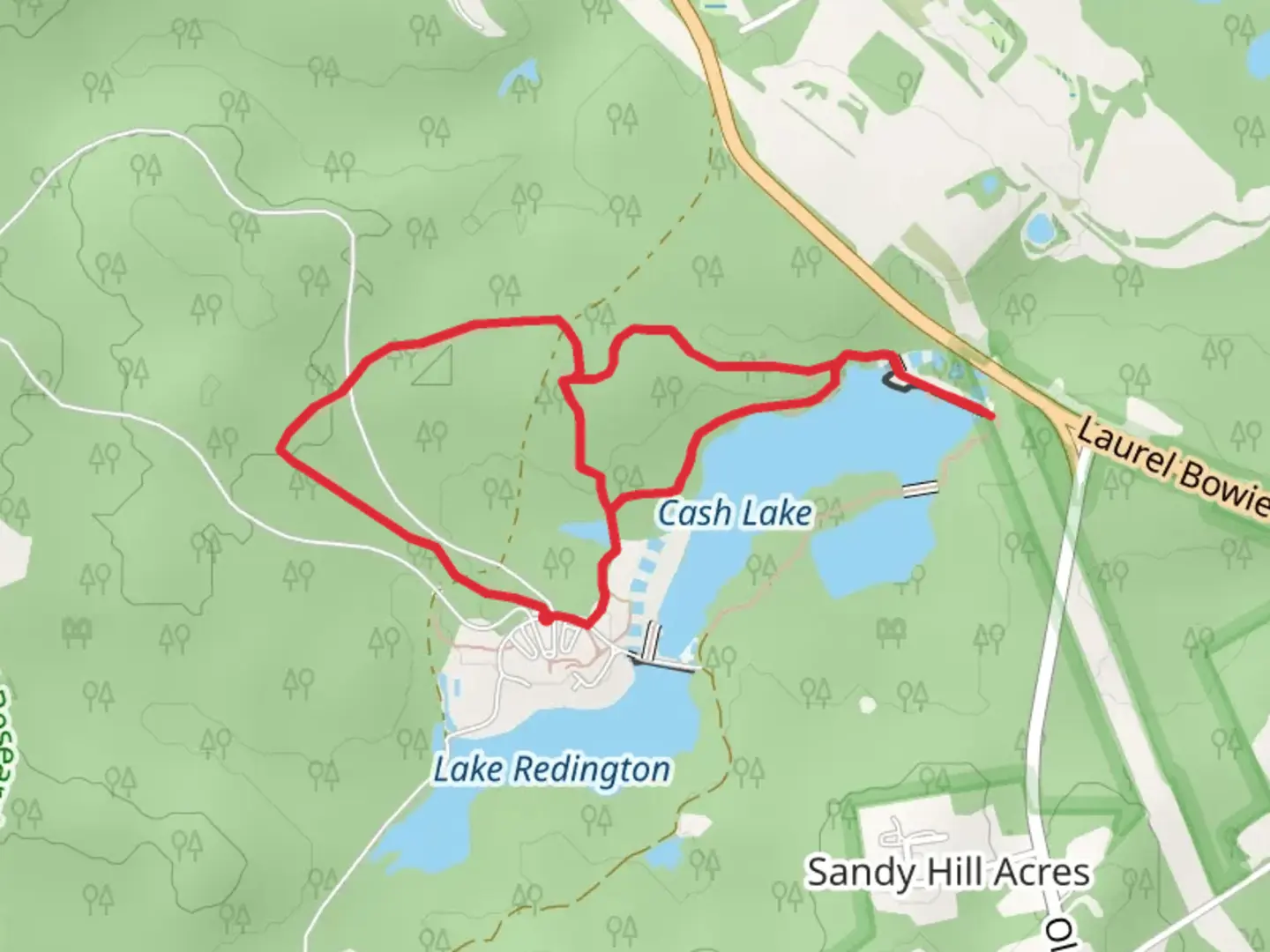 An image depicting the trail Fire Road and Cash Lake Loop Trail and its surrounding area.