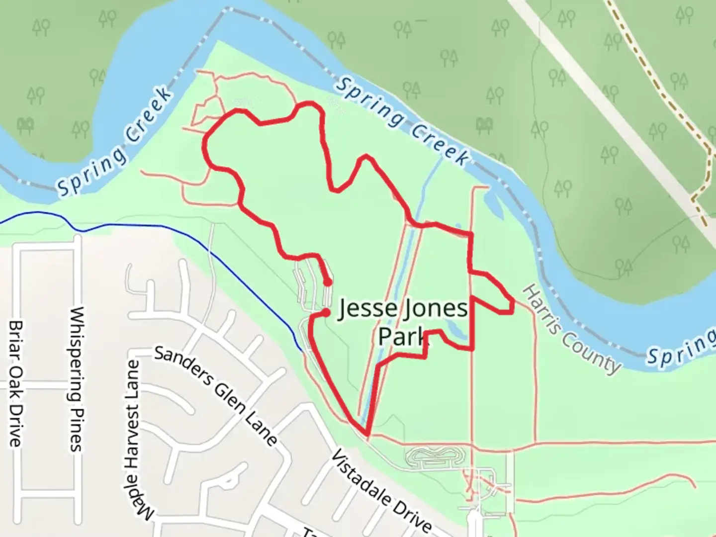 An image depicting the trail Jesse H Jones Park and Nature Center Loop and its surrounding area.