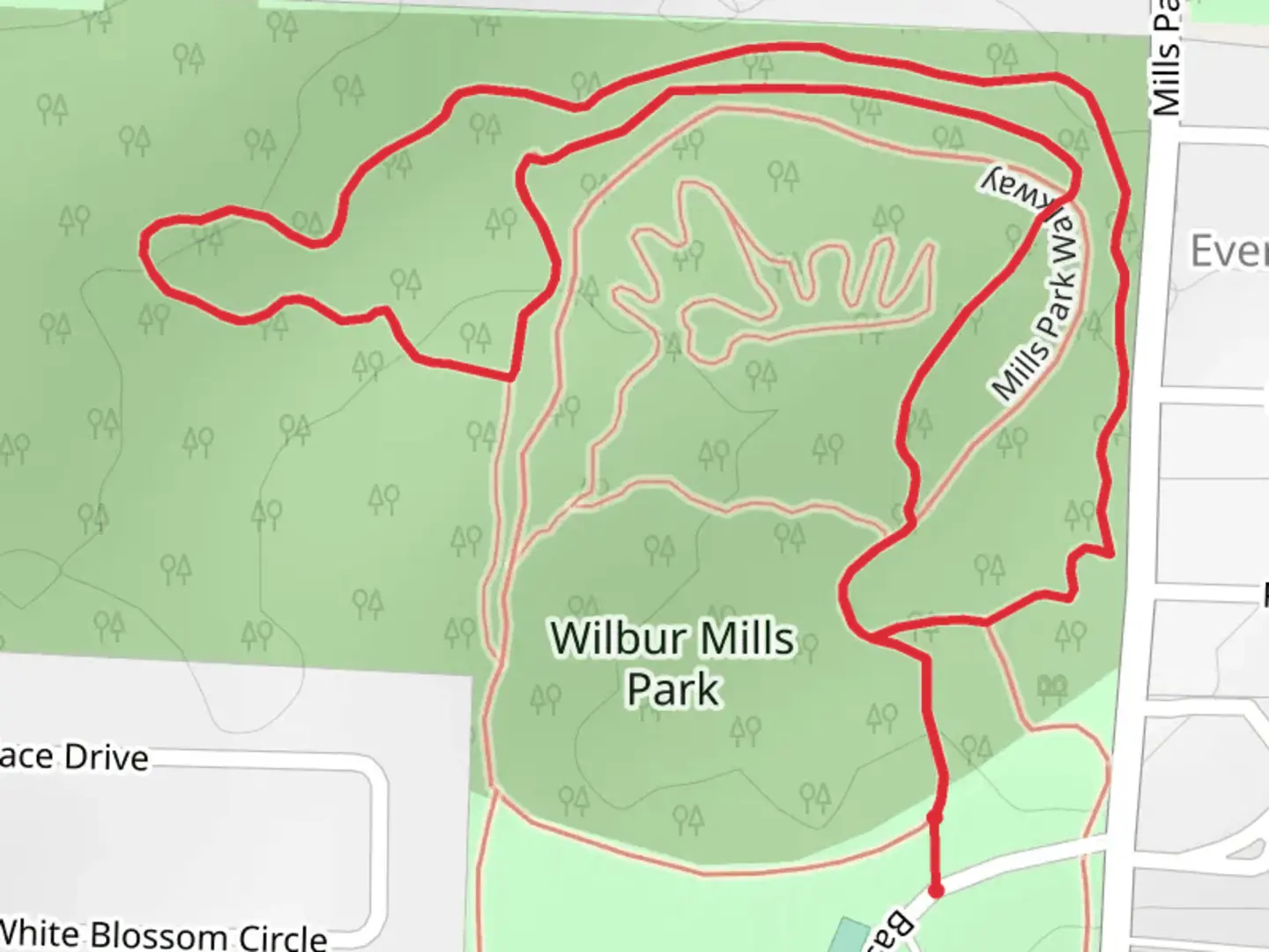 An image depicting the trail Wilbur Mills Park Loop - Long and its surrounding area.