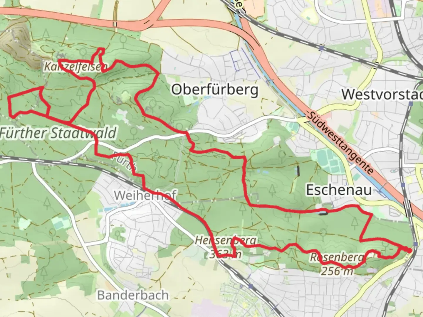 An image depicting the trail Further Stadtwald Loop - Alte Veste and its surrounding area.
