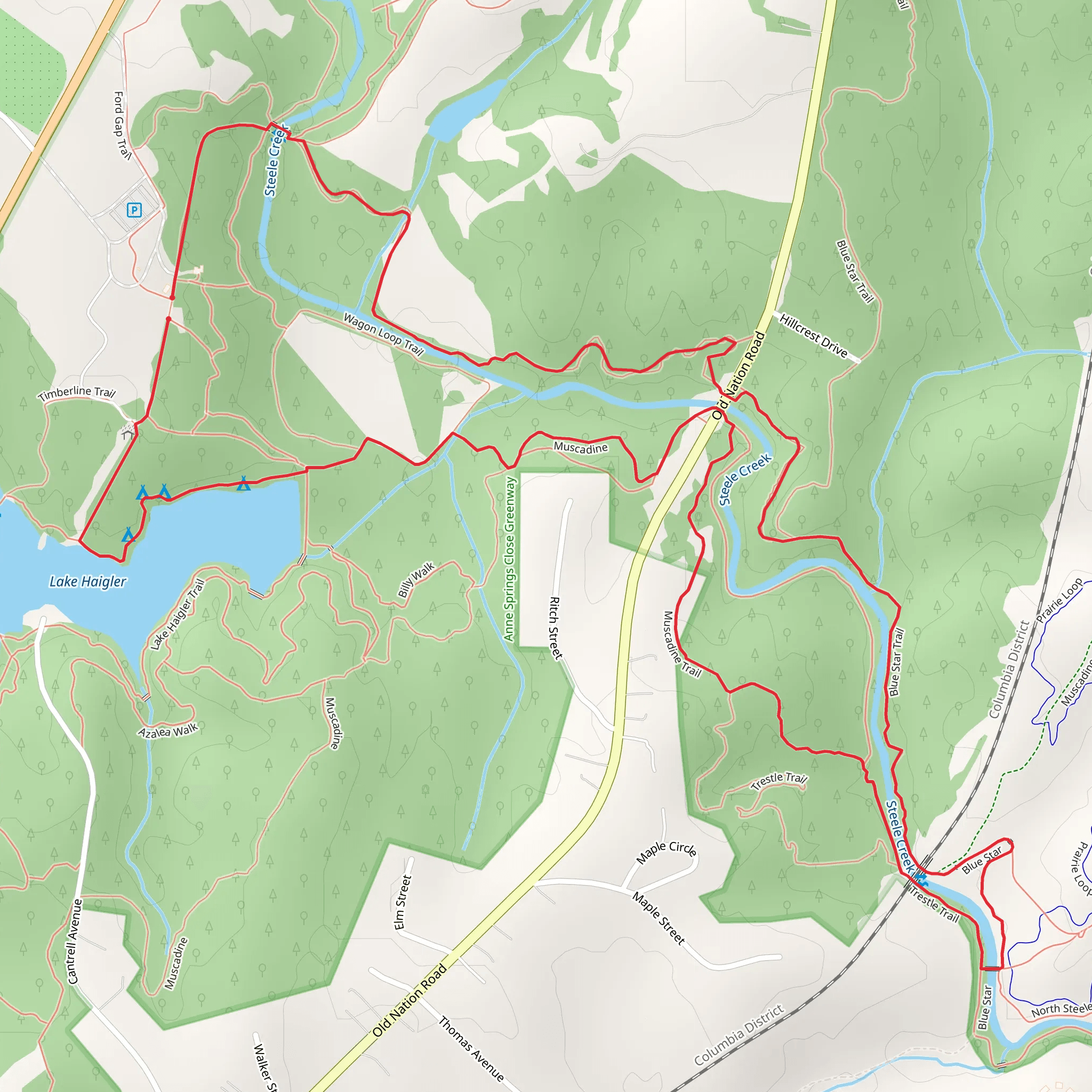 North Steele Creek Trail, Blue Star, Muscadine and Lake Haigler Loop Trail mobile static map
