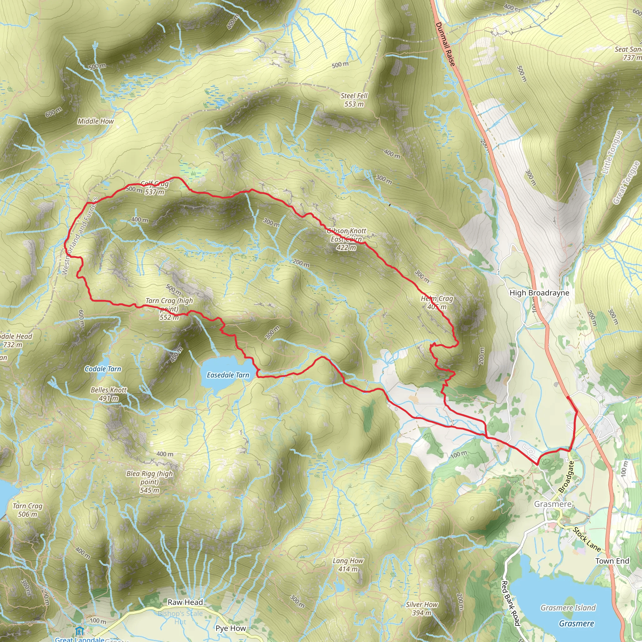 Grasmere, Helm Crag, Gibson Knott, Calf Crag, Tarn Crag and Easdale Tarn loop mobile static map
