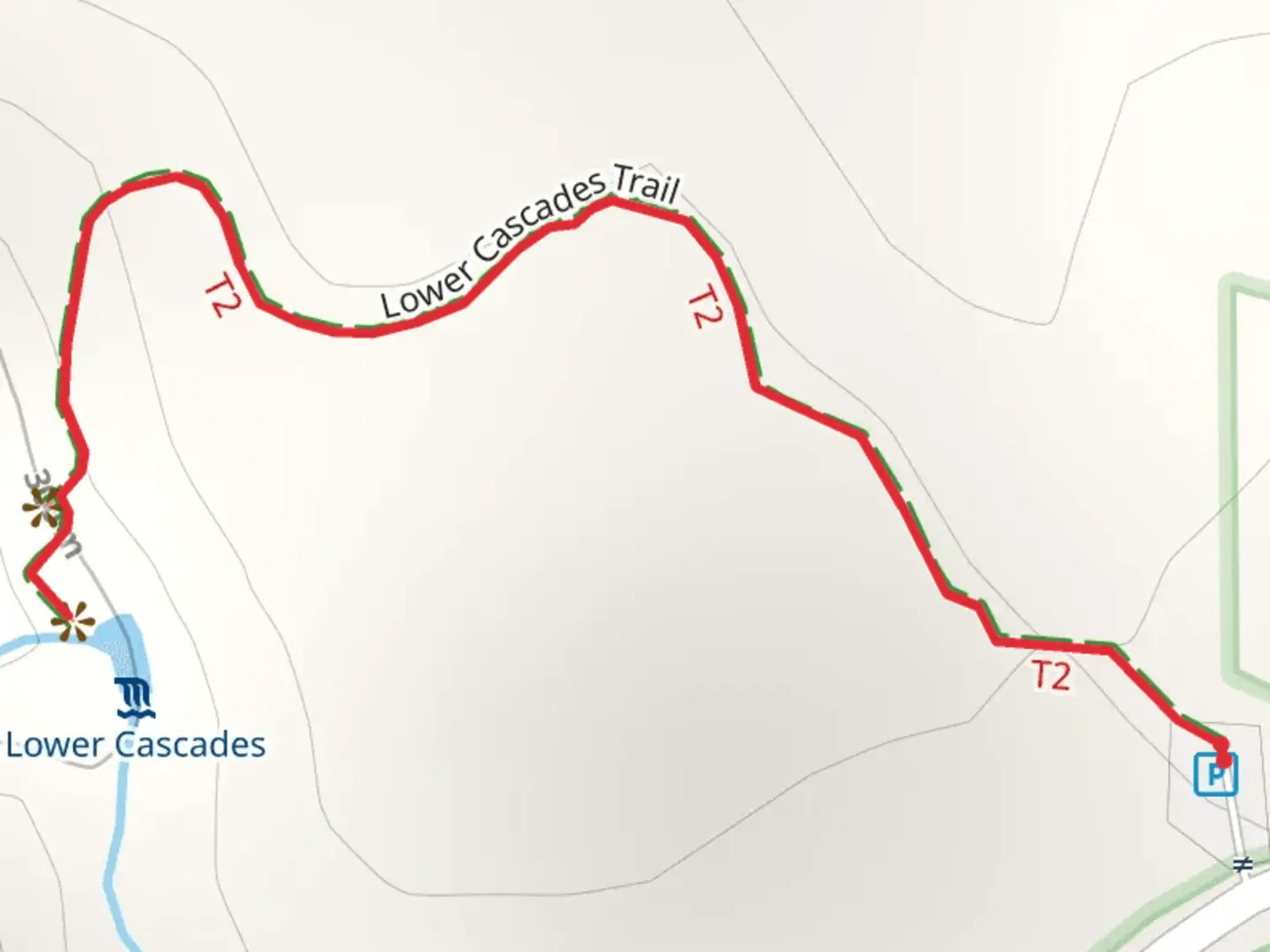 An image depicting the trail Lower Cascades and its surrounding area.