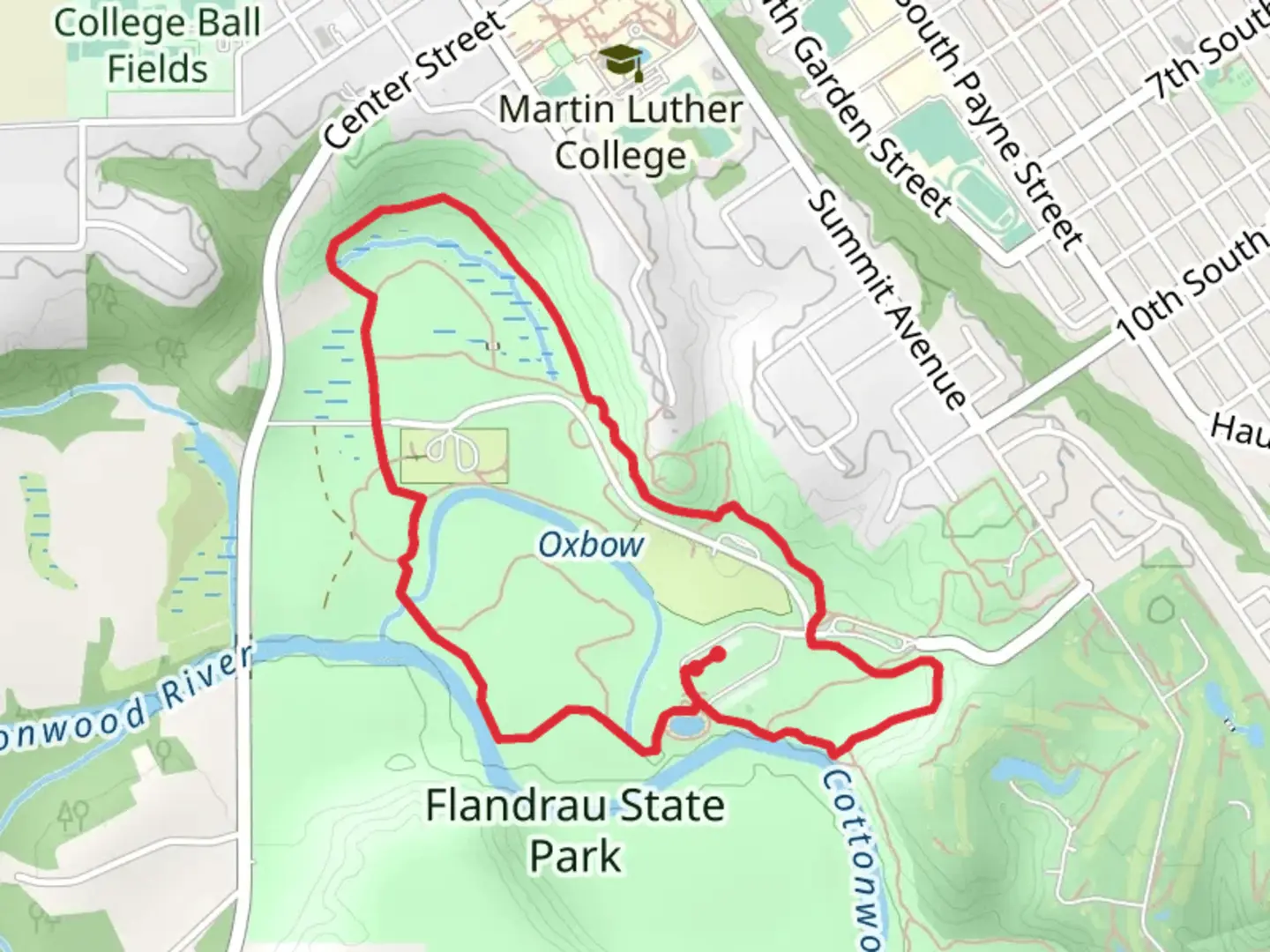 An image depicting the trail Cottonwood trail, Oxbow Trail and Woodland Trail Loop and its surrounding area.