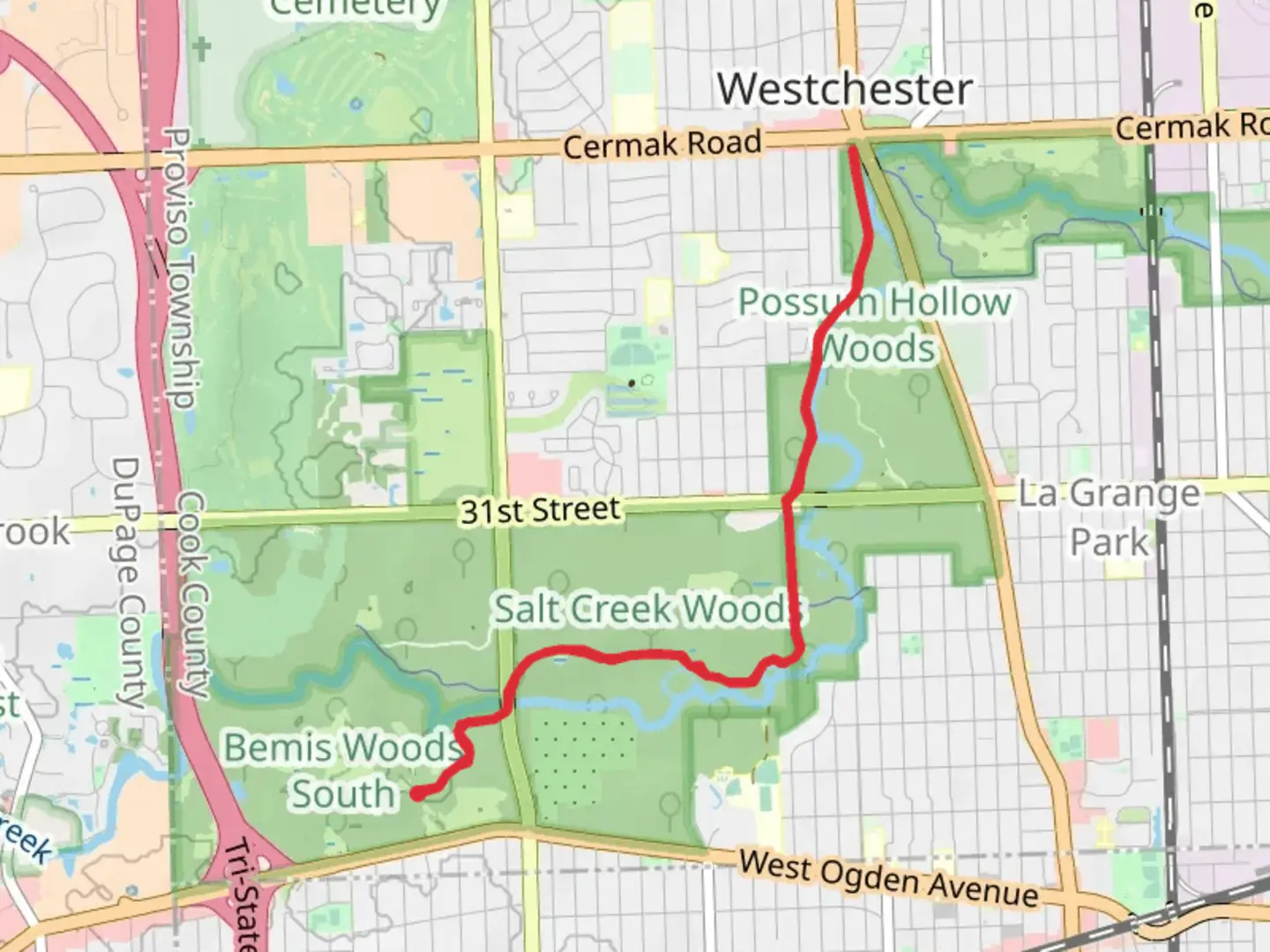 An image depicting the trail Salt Creek Woods via Salt Creek Greenway Red Paved Trail and its surrounding area.