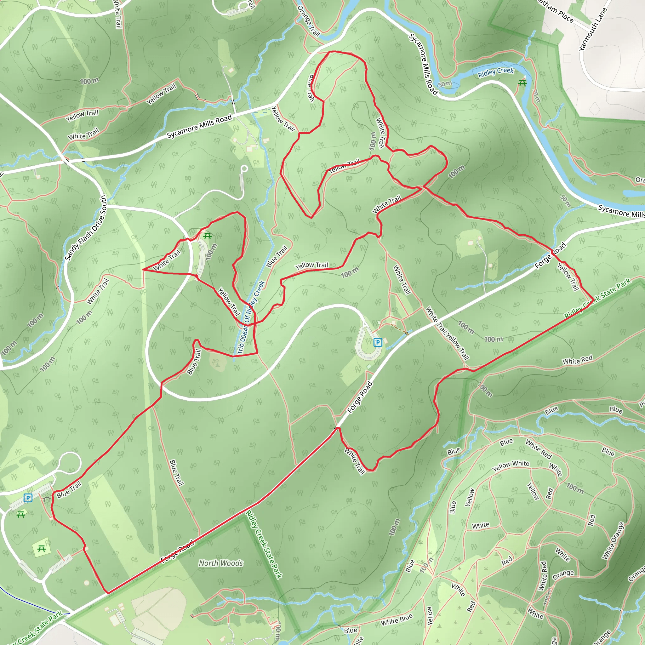 Red, Yellow and Blue Trail Loop - Ridley Creek State Park Area 14-16 mobile static map