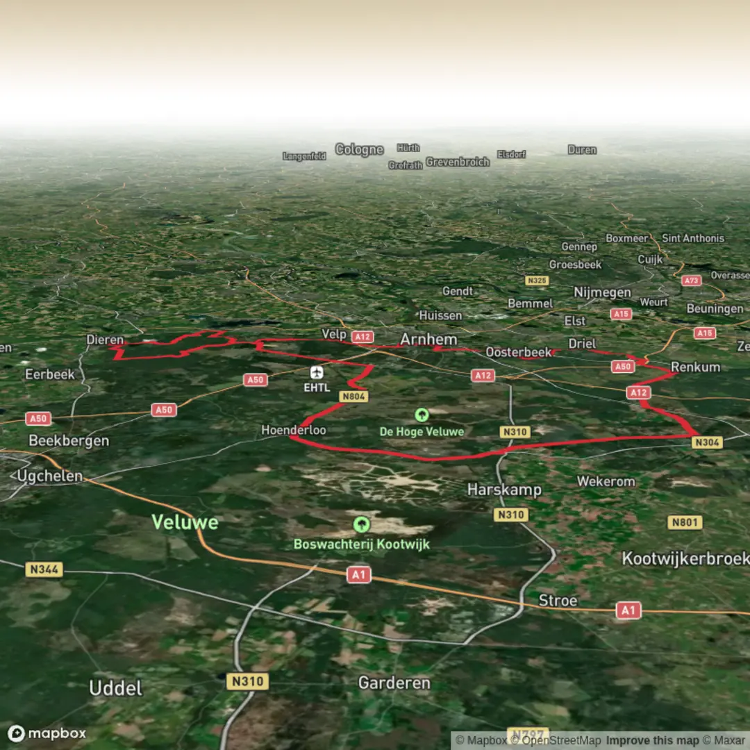 An image depicting the trail Schelmseweg, Wagnerlaan, Holleweg, Wijde Veldweg and Koeweg and its surrounding area.