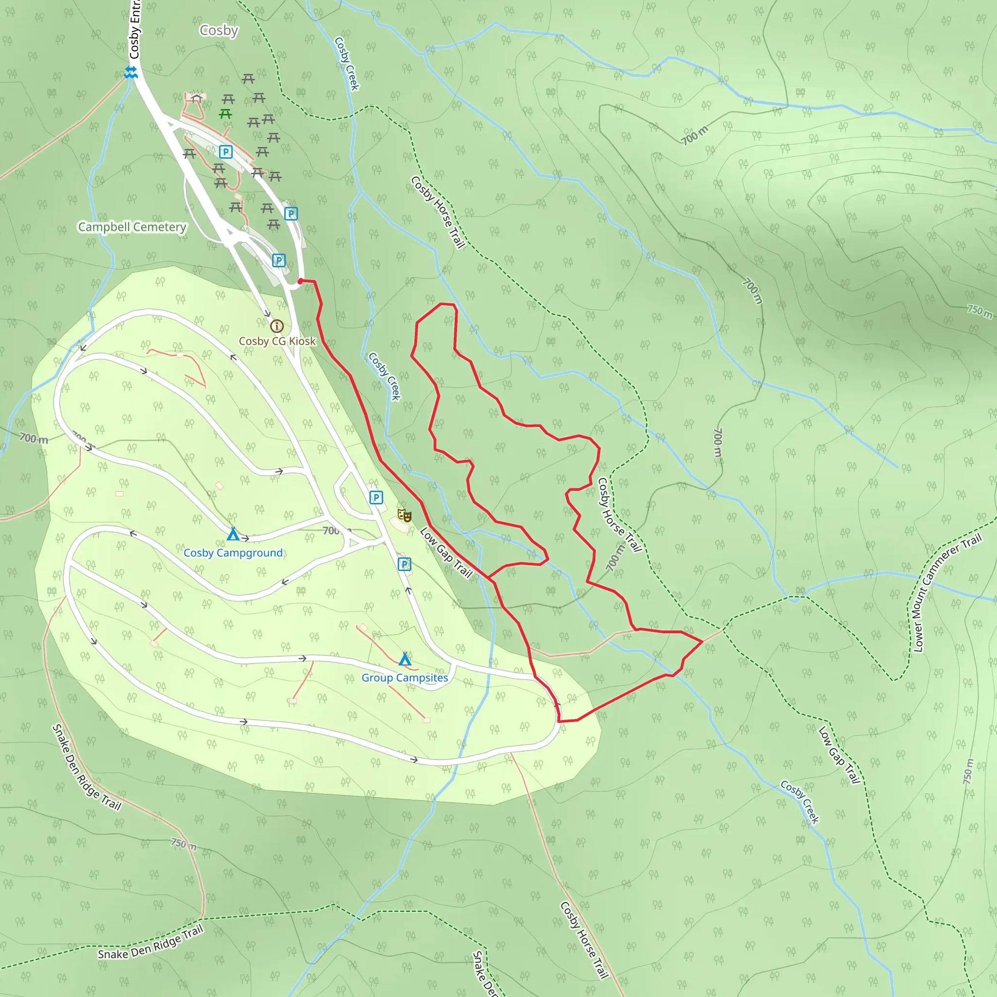 Low Gap Trail and Cosby Nature Trail Loop mobile static map