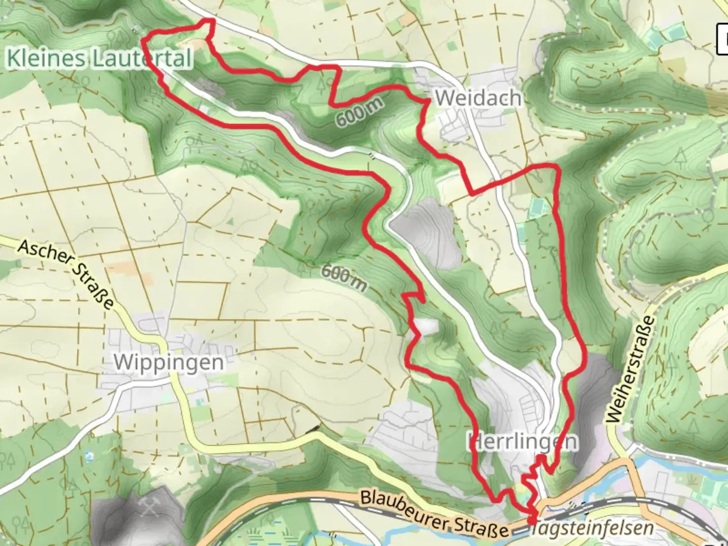 An image depicting the trail Rote Raute Weidach and Lautertalweg and its surrounding area.