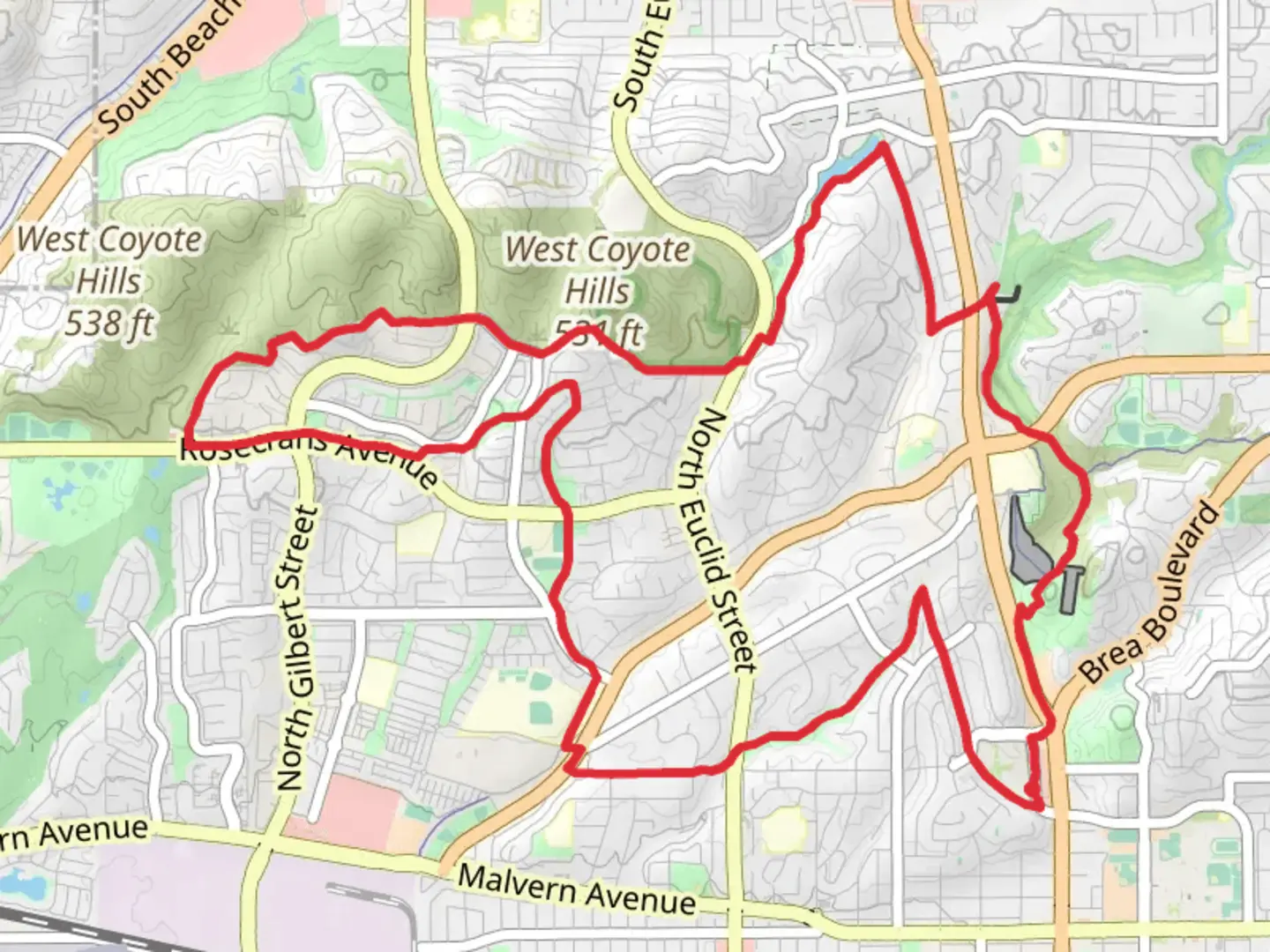 An image depicting the trail Hiltscher Park, Rosecrans, Nora Kuttner and Brea Dam Loop Trail and its surrounding area.