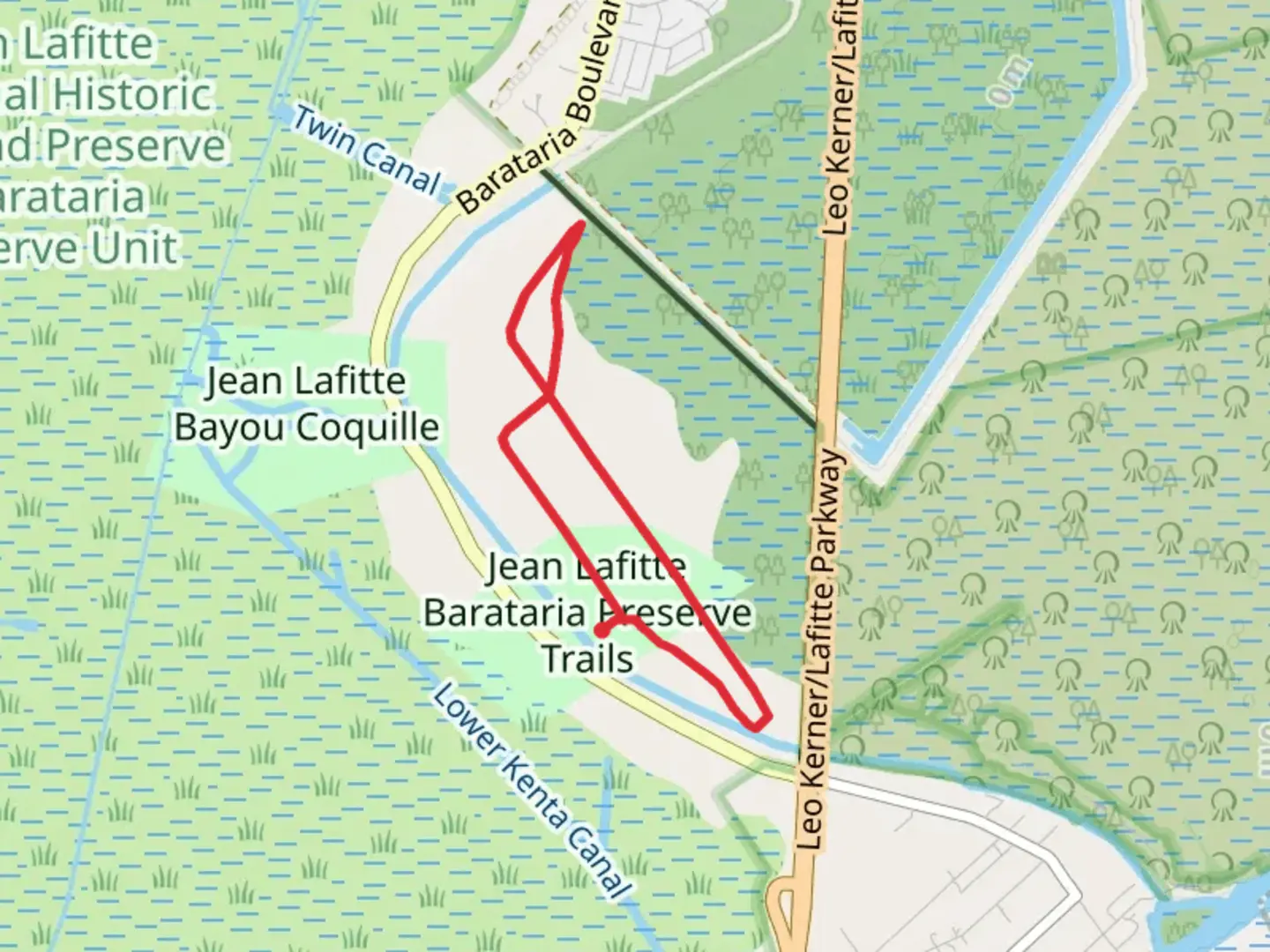 An image depicting the trail Jean Lafitte Barataria Preserve Loop Trails and its surrounding area.