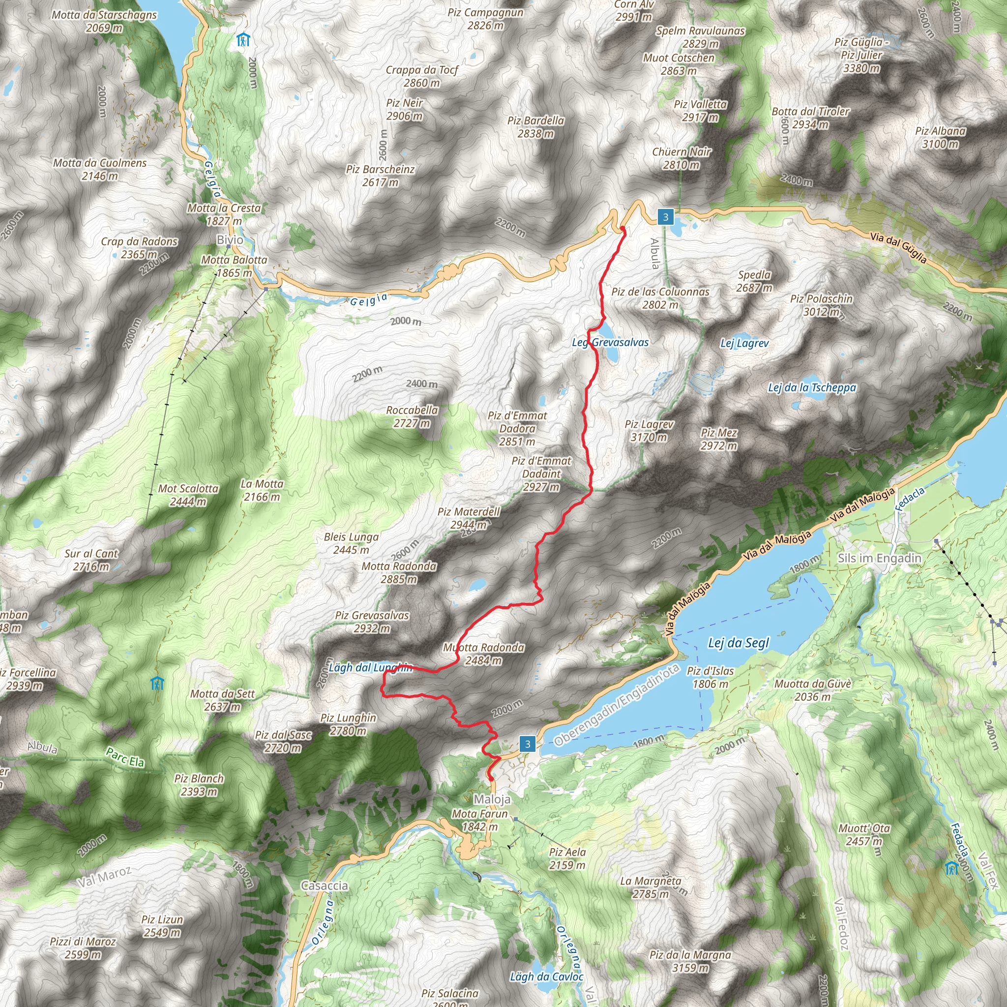 Maloja to Fuorcla Grevasalvas - Lagh dal Lunghin mobile static map