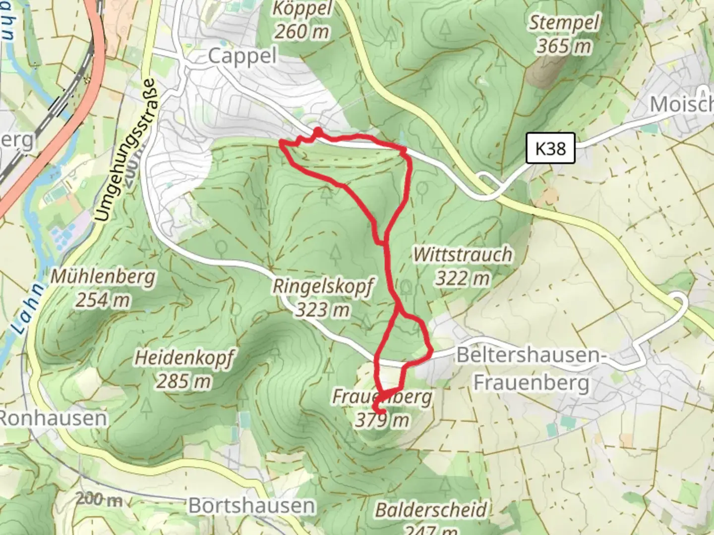 An image depicting the trail Frauenberg via Marburger Weg and Ebsdorfergrund Rundwanderweg and its surrounding area.