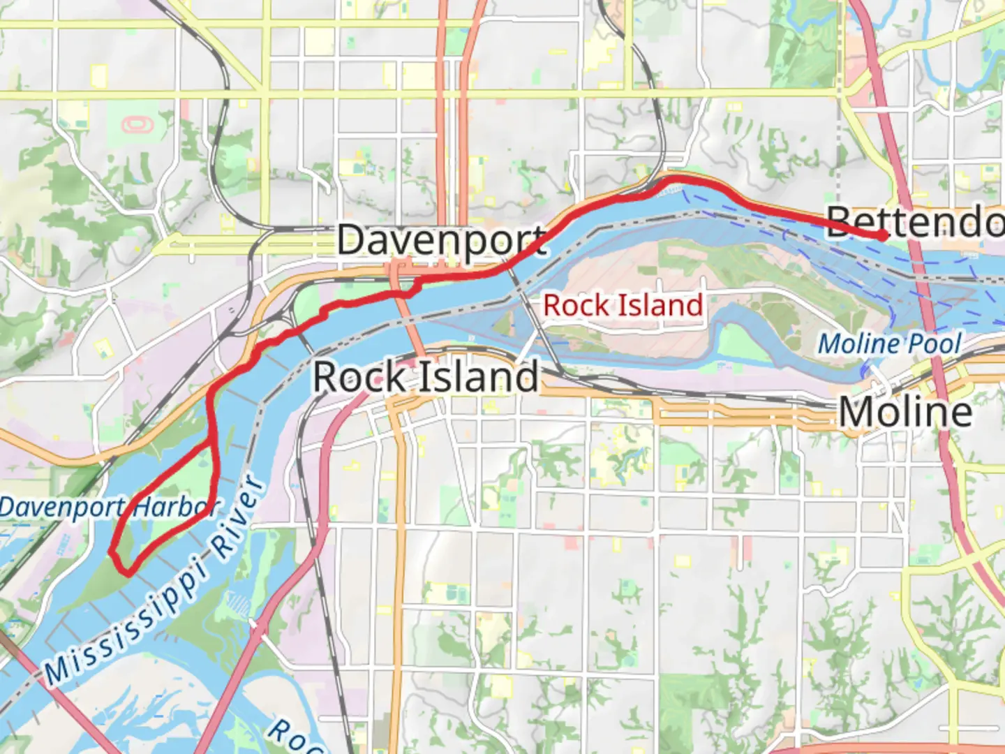 An image depicting the trail Credit Island Park Loop and its surrounding area.