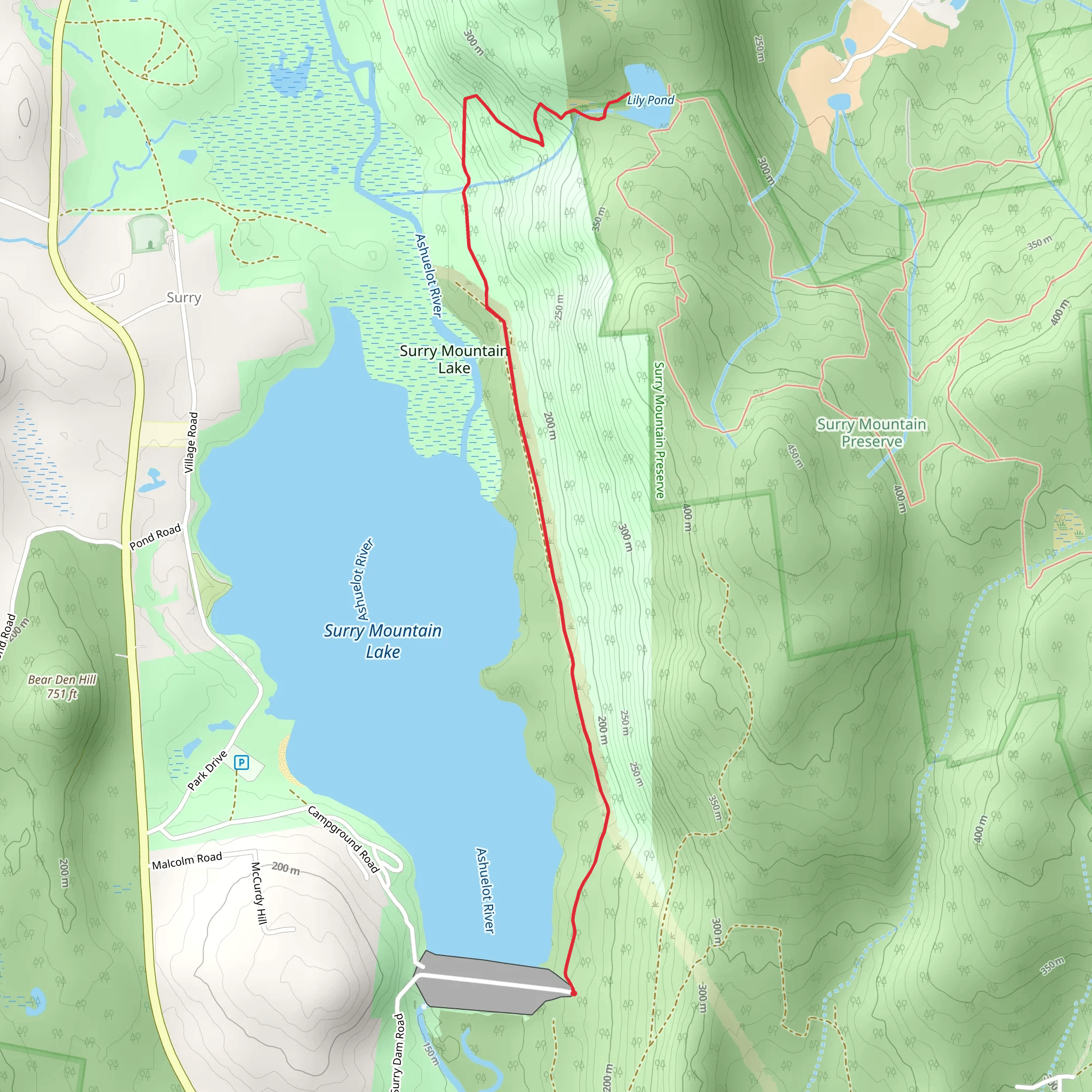 Lily Pond Trail via Surry Mountain Lake mobile static map