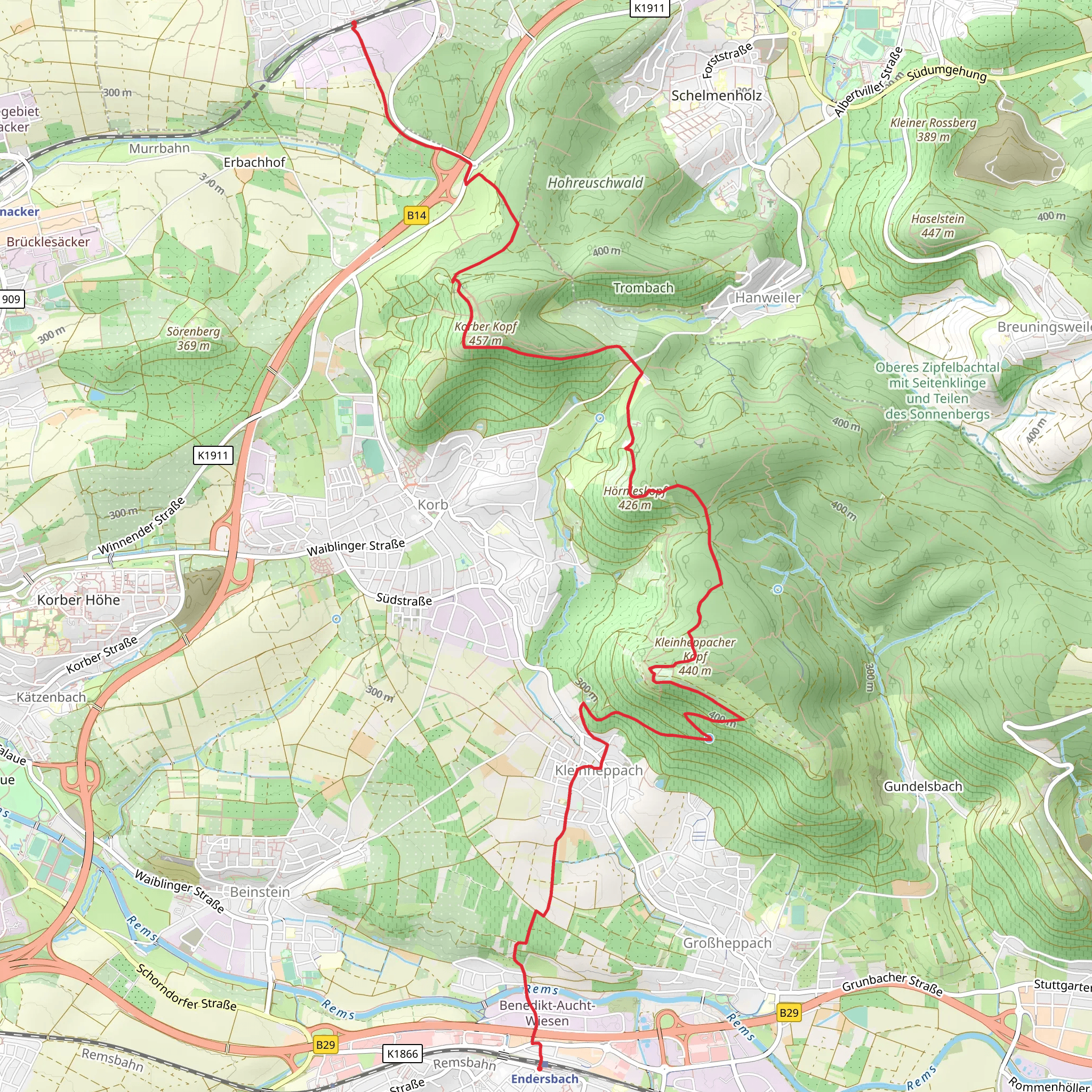 Schwaikheim to Endersbach via Kleinheppacher Kopf and Remstalweg mobile static map