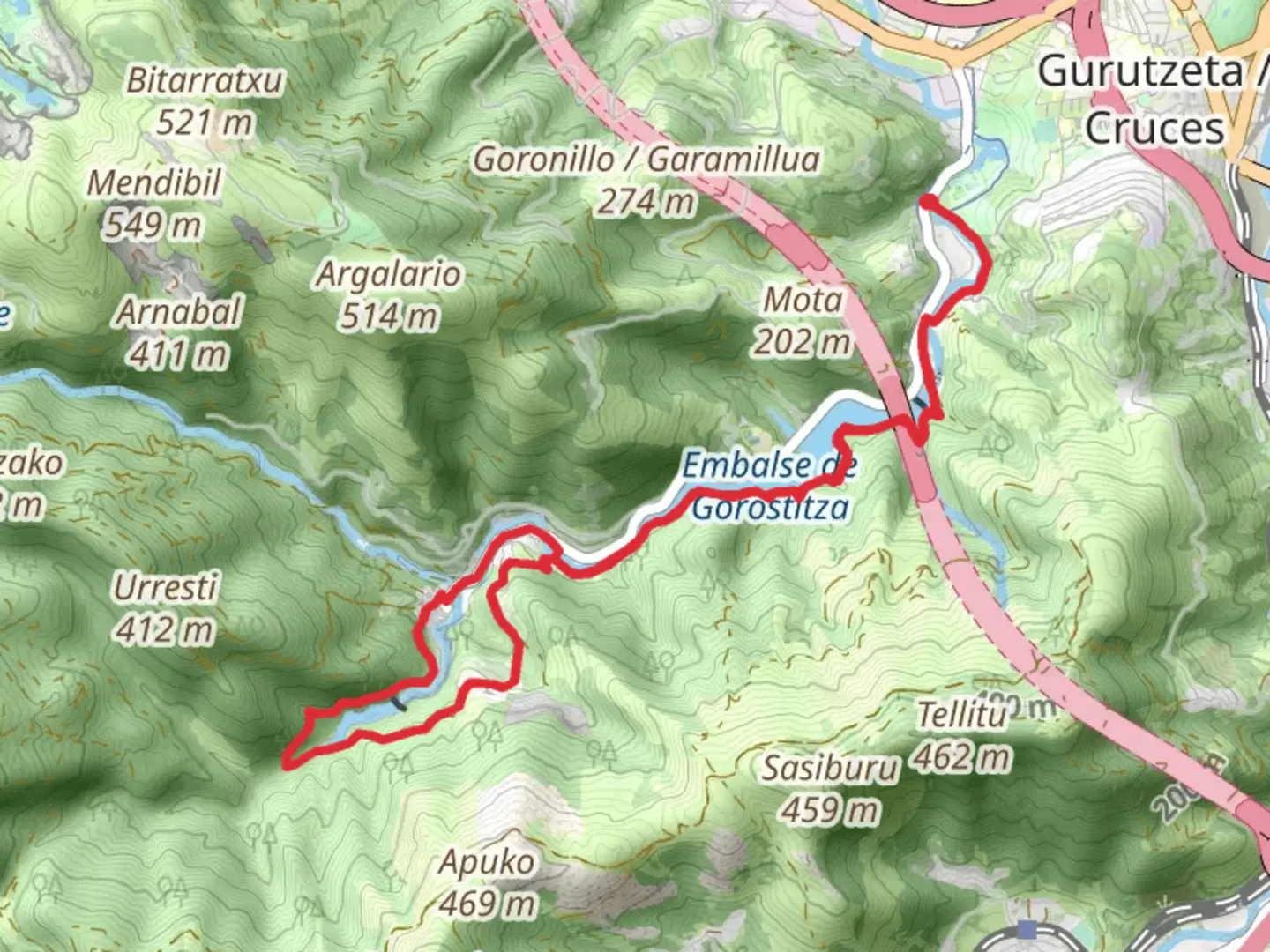 An image depicting the trail Gorostiza Reservoir and Etxebarría Reservoir PR BI 210 and its surrounding area.