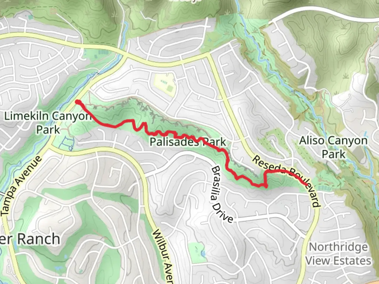An image depicting the trail Palisades Park - Porter Ranch Palisades Trail and its surrounding area.