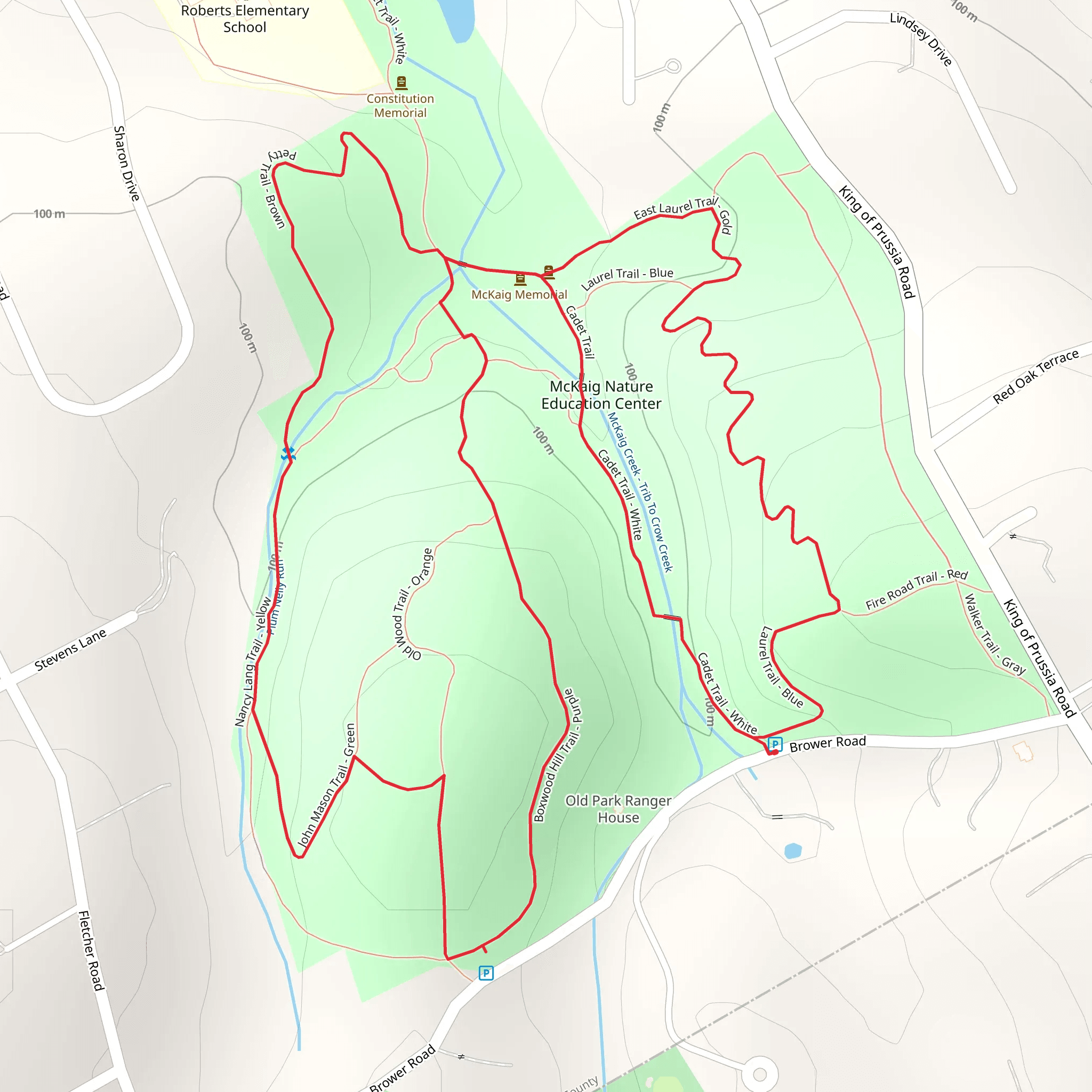 Boxwood Hill, Lang Trail Yellow and Pretty Trail Brown Loop mobile static map