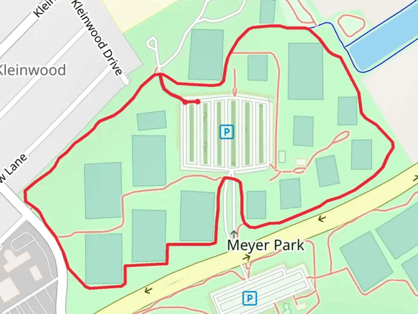 An image depicting the trail Meyers Park and Kleinwood Dr Loop and its surrounding area.