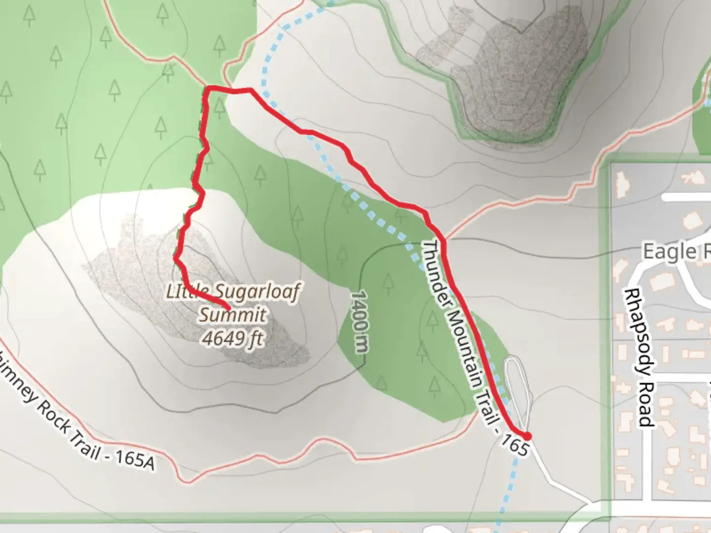 An image depicting the trail LIttle Sugarloaf Summit via Thunder Mountain Trail and its surrounding area.