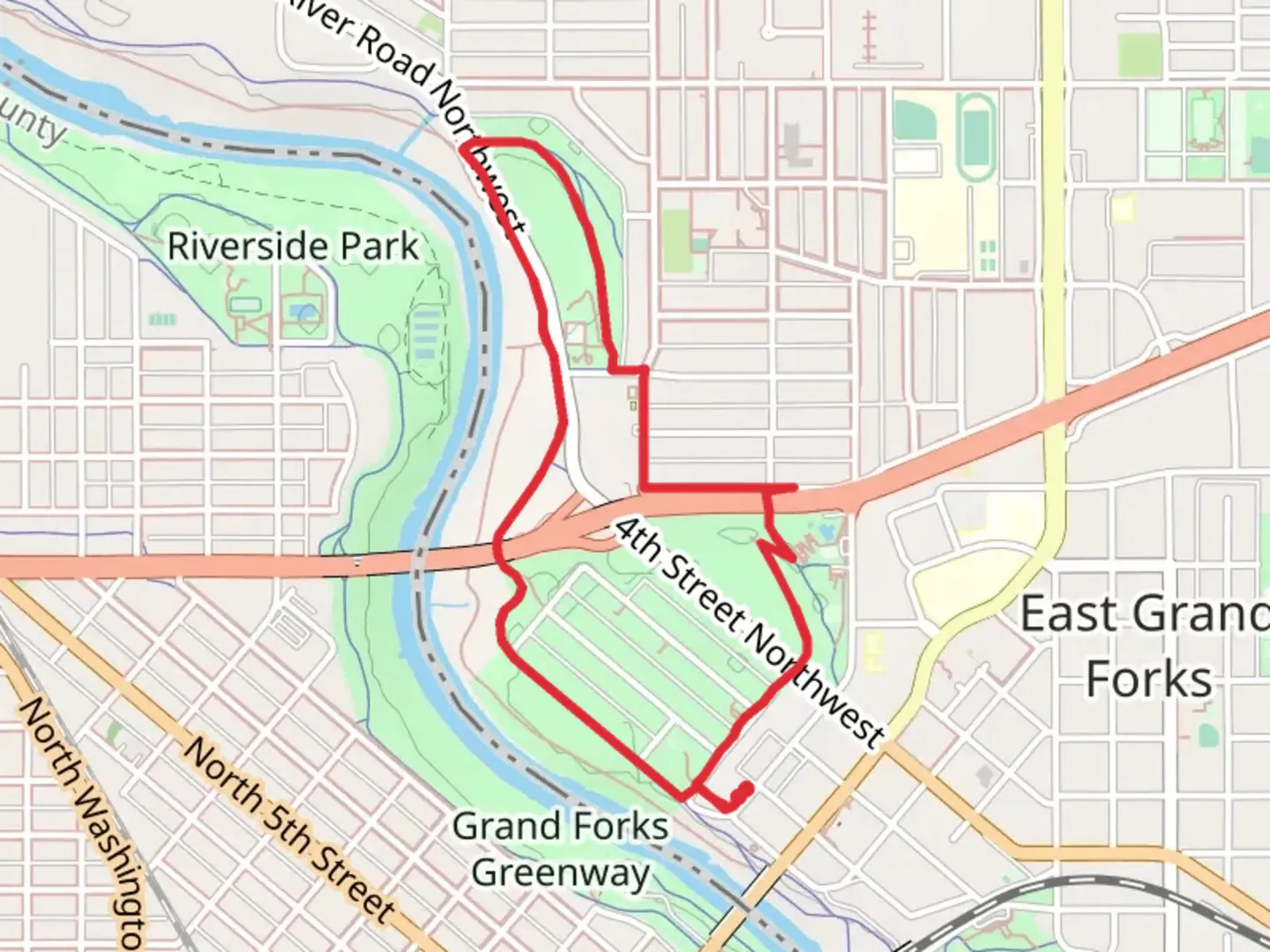 An image depicting the trail River Heights Park via Greenway Path and its surrounding area.