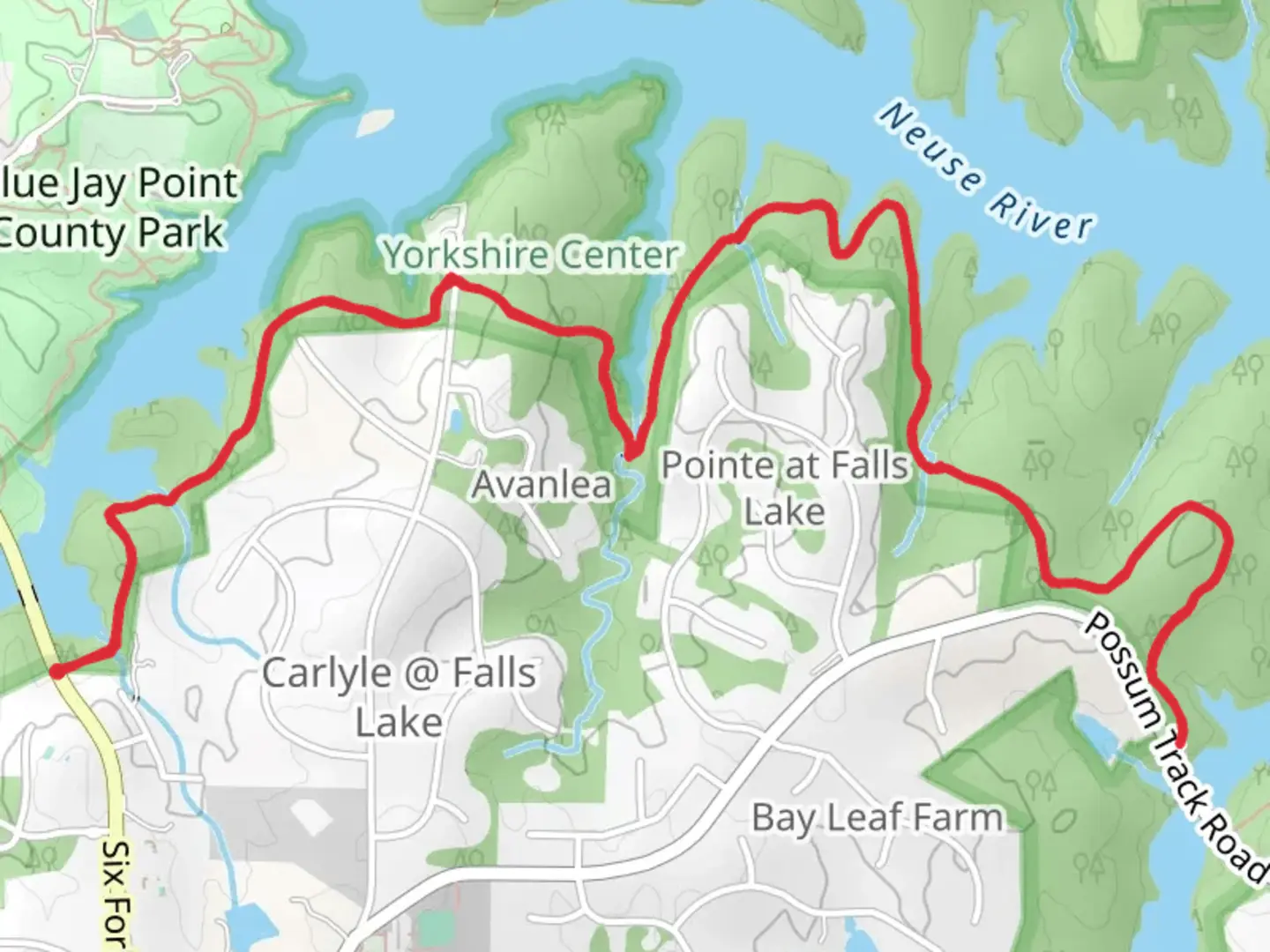 An image depicting the trail Falls Lake Short Trail from Six Forks Road and its surrounding area.