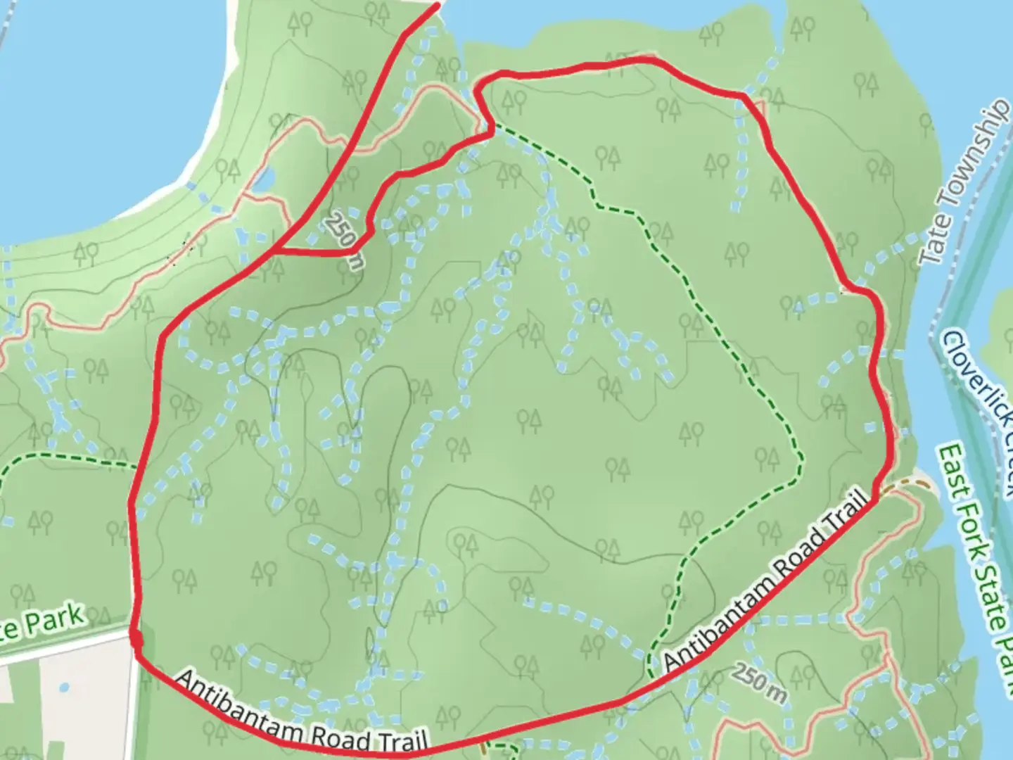 An image depicting the trail ADT and Antibantam Road Loop Trail and its surrounding area.